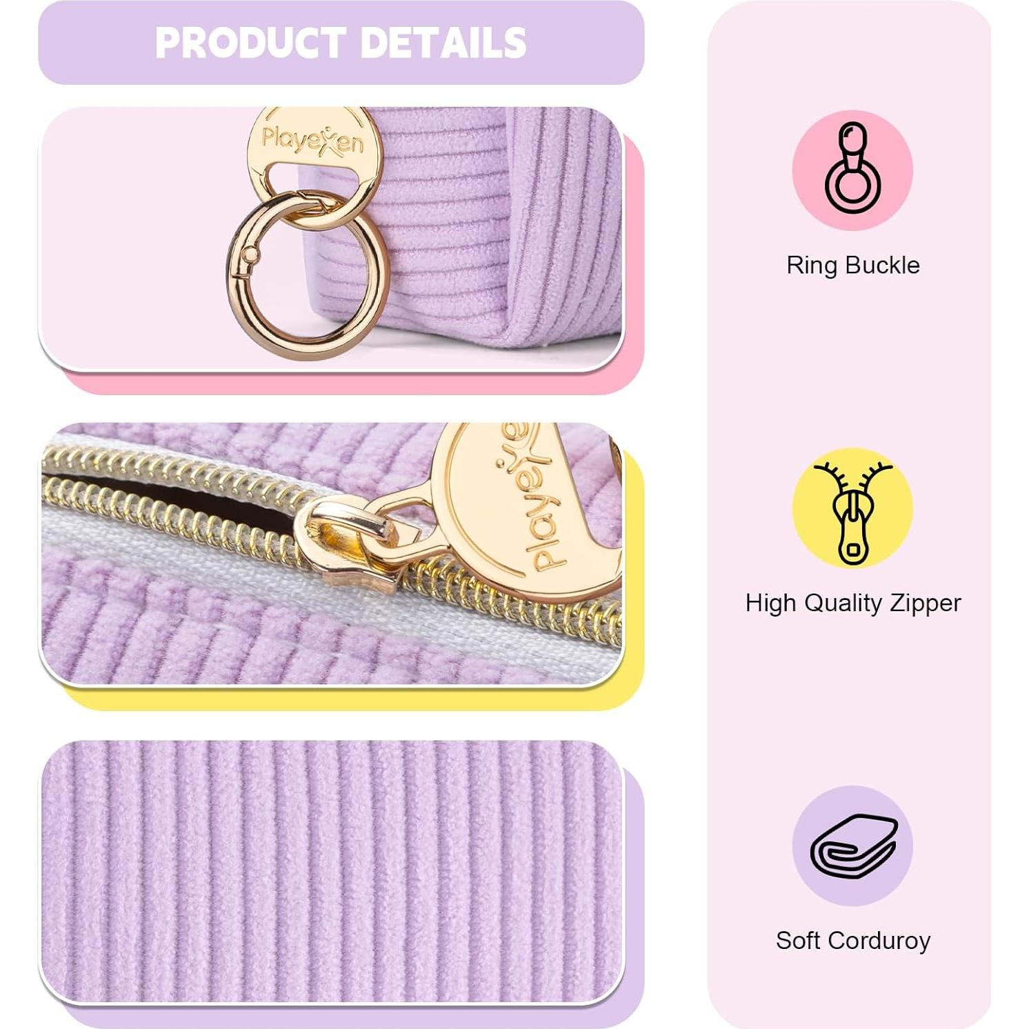 Corduroy Makeup Bag, Small Cosmetics Bag for Purse, Portable Travel Makeup Pouch with Ring Buckle & Inner Pockets for Women
