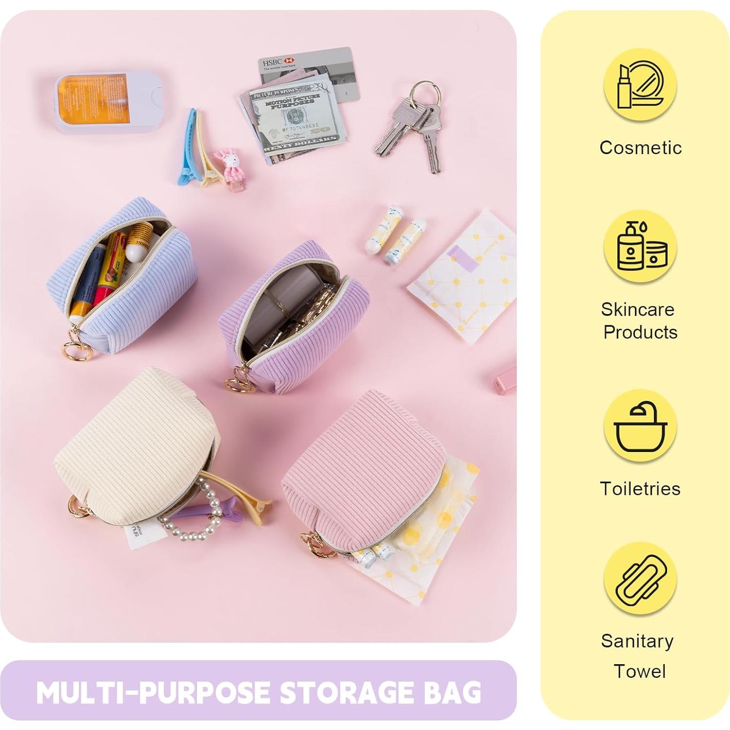 Corduroy Makeup Bag, Small Cosmetics Bag for Purse, Portable Travel Makeup Pouch with Ring Buckle & Inner Pockets for Women