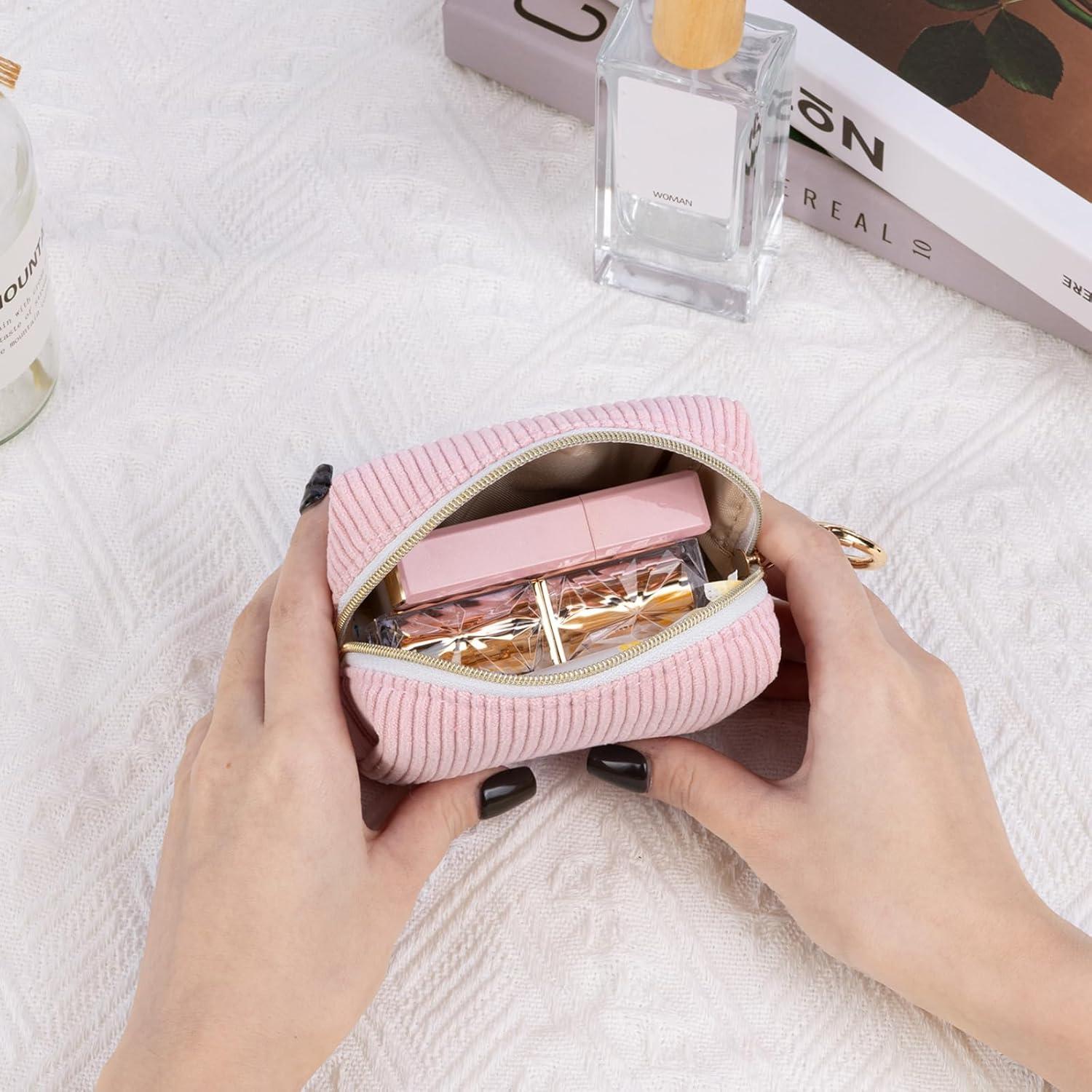 Corduroy Makeup Bag, Small Cosmetics Bag for Purse, Portable Travel Makeup Pouch with Ring Buckle & Inner Pockets for Women