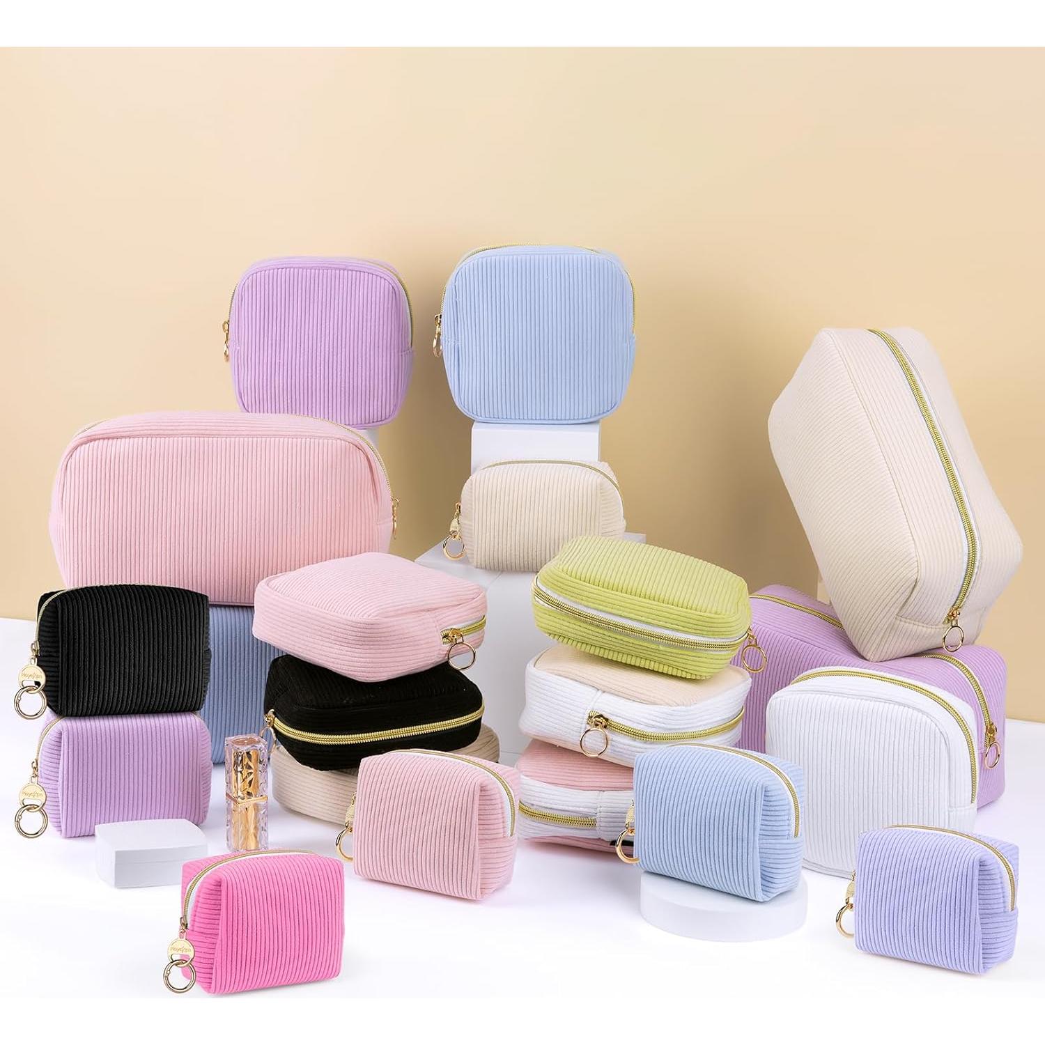 Corduroy Makeup Bag, Small Cosmetics Bag for Purse, Portable Travel Makeup Pouch with Ring Buckle & Inner Pockets for Women