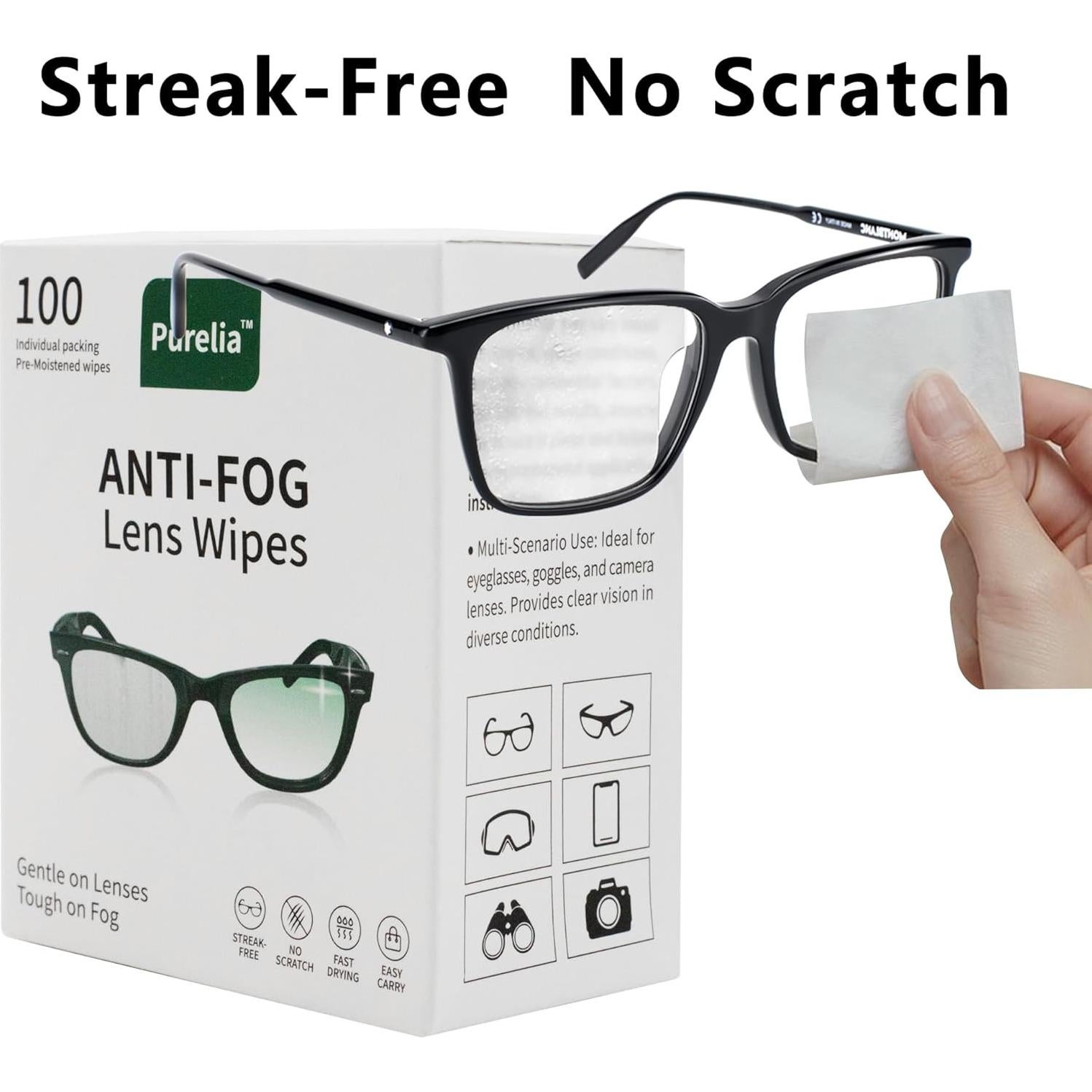 Toallitas Antivaho para Lentes Purelia - 100 Paños Prehumedecidos