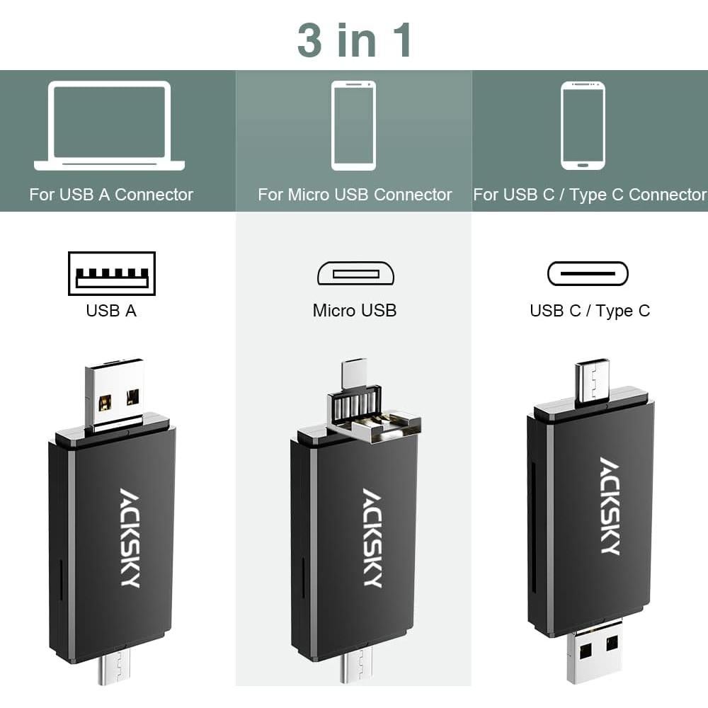 Lector de Tarjetas SD 3-en-1 ACKSKY USB-C/USB-A/Micro USB