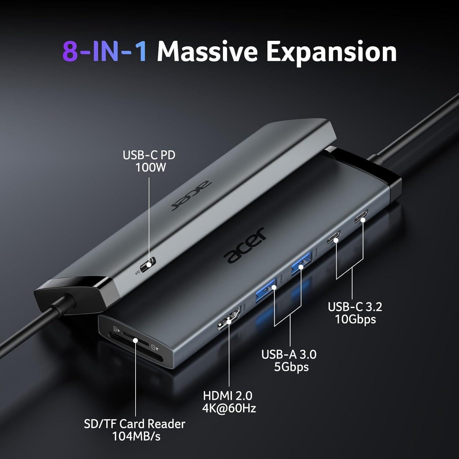 Hub USB C 8 en 1 Acer ODK520 HDMI 4K 100W PD 10Gbps