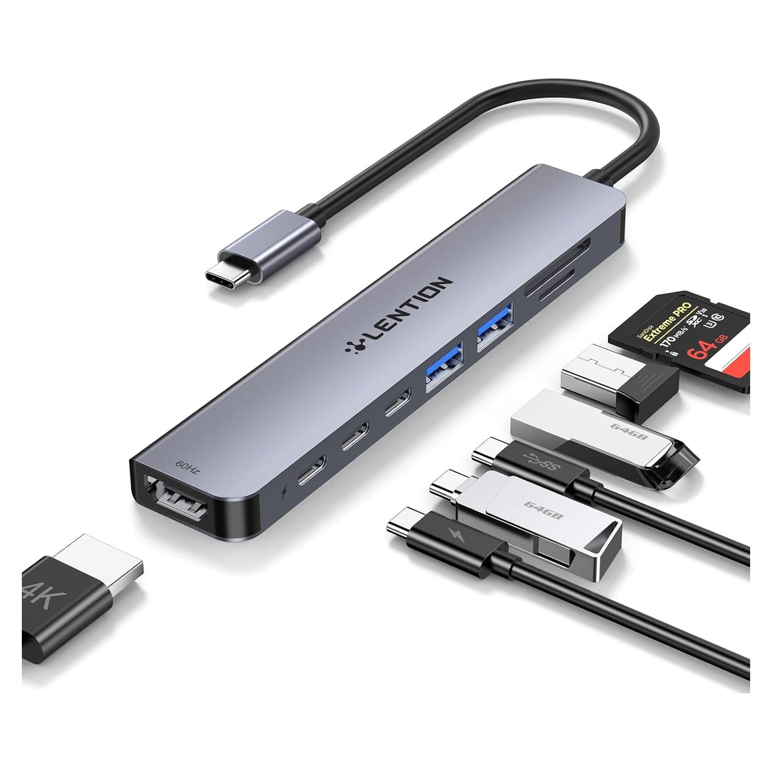 Hub USB C 8 en 1 Lention con HDMI 4K, 100W PD, 4 Puertos
