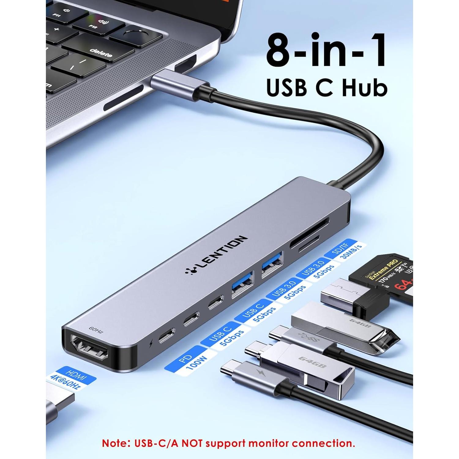 Hub USB C 8 en 1 Lention con HDMI 4K, 100W PD, 4 Puertos