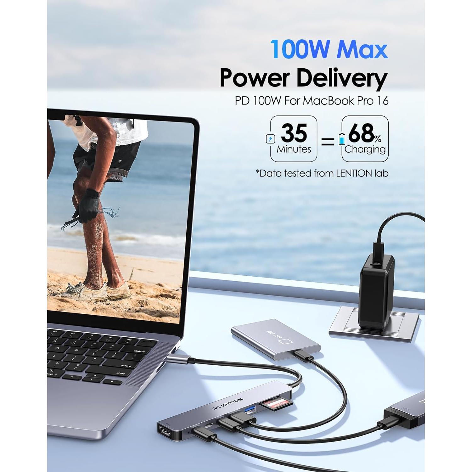 Hub USB C 8 en 1 Lention con HDMI 4K, 100W PD, 4 Puertos