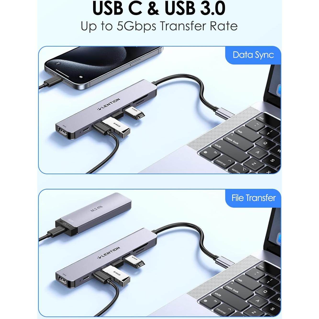 Hub USB C 8 en 1 Lention con HDMI 4K, 100W PD, 4 Puertos