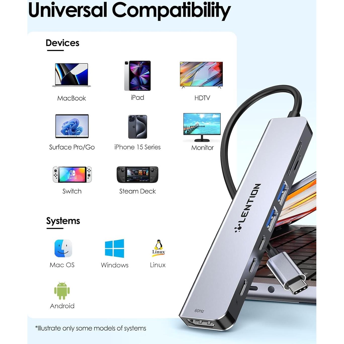 Hub USB C 8 en 1 Lention con HDMI 4K, 100W PD, 4 Puertos