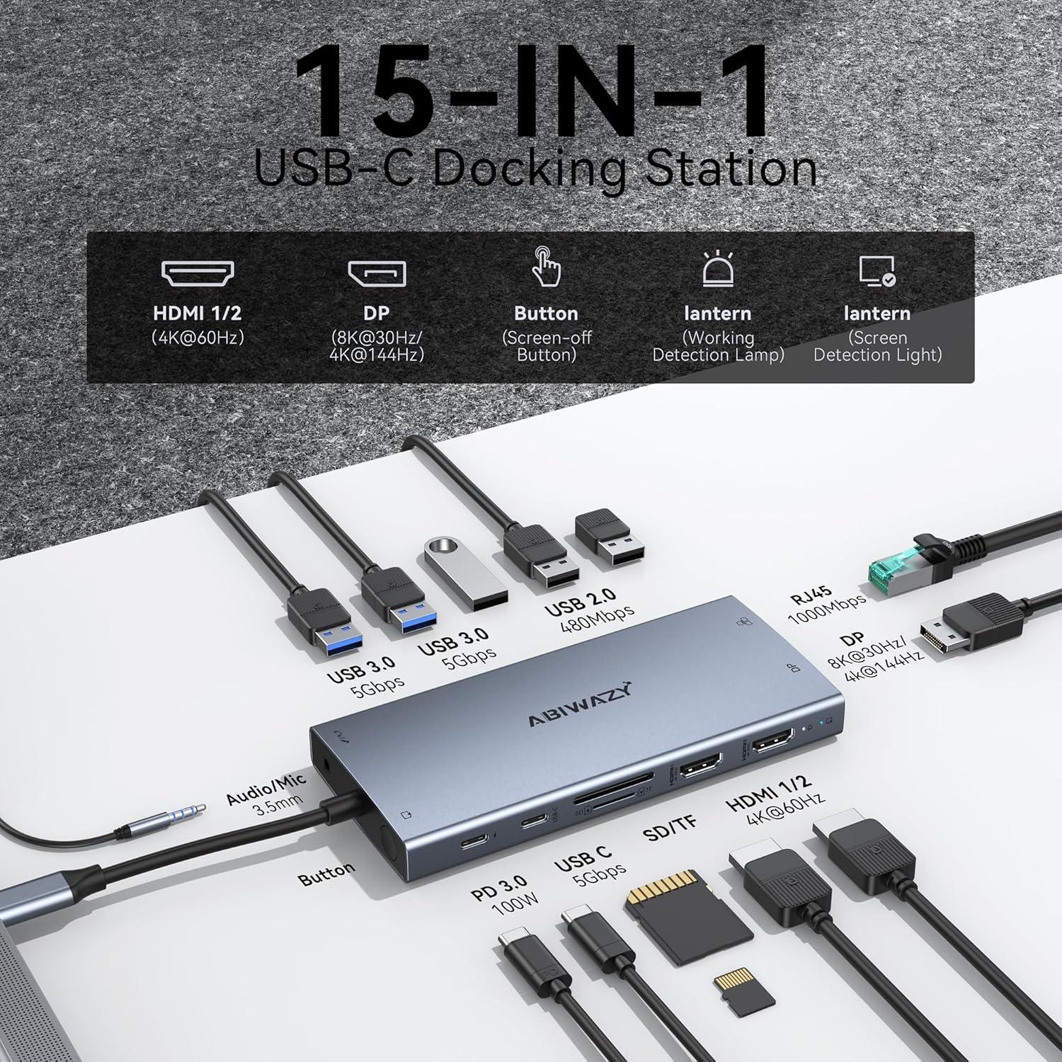Estación de Acoplamiento USB-C 15 en 1 ABIWAZY para Laptop