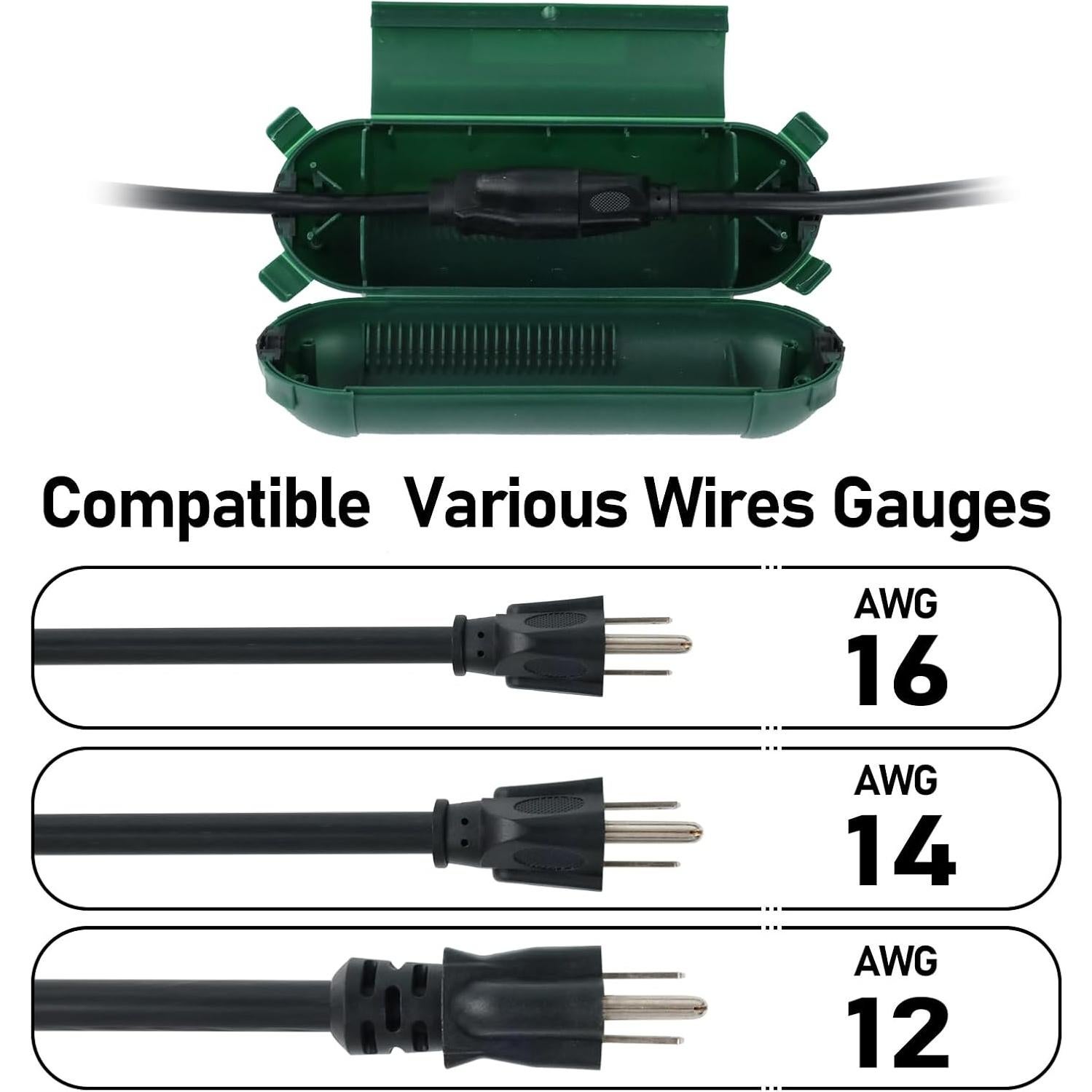 EP 3 Pack Extension Cord Safety Cover - Indoor Outdoor Waterproof Seal Housing for AWG 12/14/16 Cords - Protect Holiday String Lights, Plugs, and Wires - Green