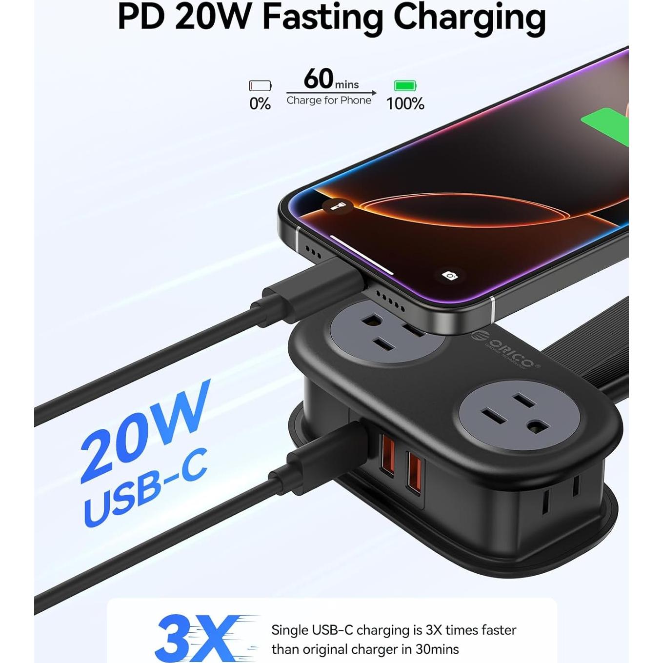 Regleta de Viaje ORICO AP3 20W 4 Salidas AC 3 USB Negro