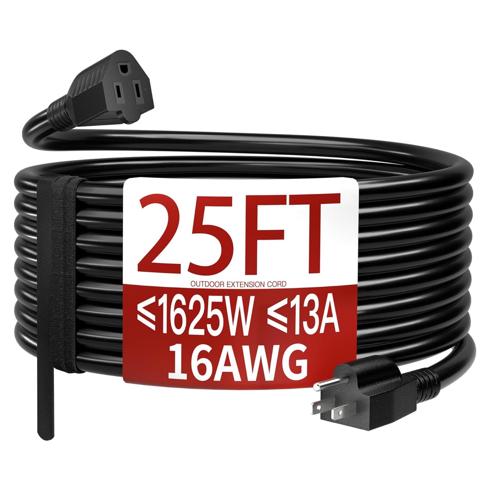Cable de Extensión 25FT 16AWG Negro Impermeable 13A 1625W