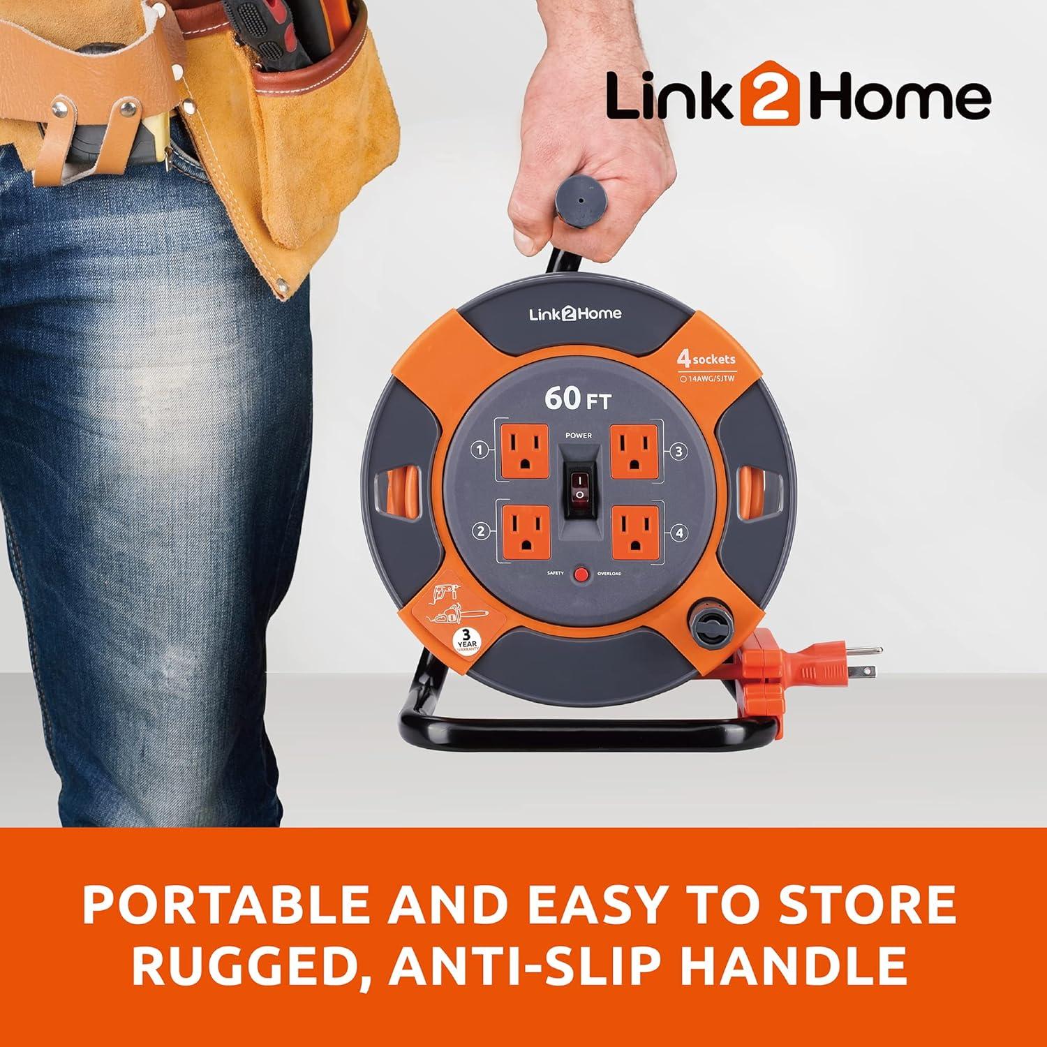 Carrete de Cable de Extensión Link2Home 18.3 m 4 Salidas 120V