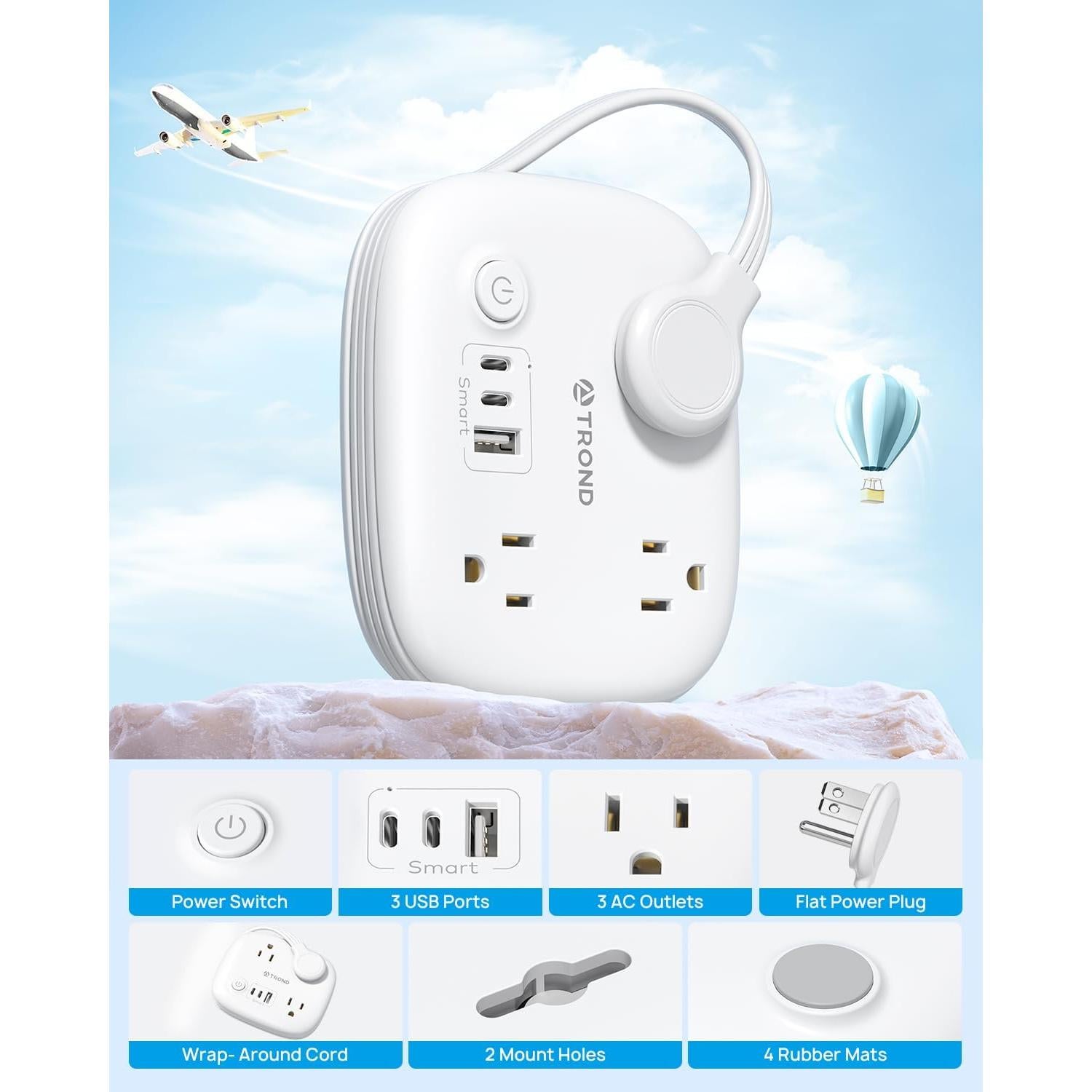 Regleta de Enchufes TROND TD-PS-US19 con 3 Salidas AC y 3 Puertos USB