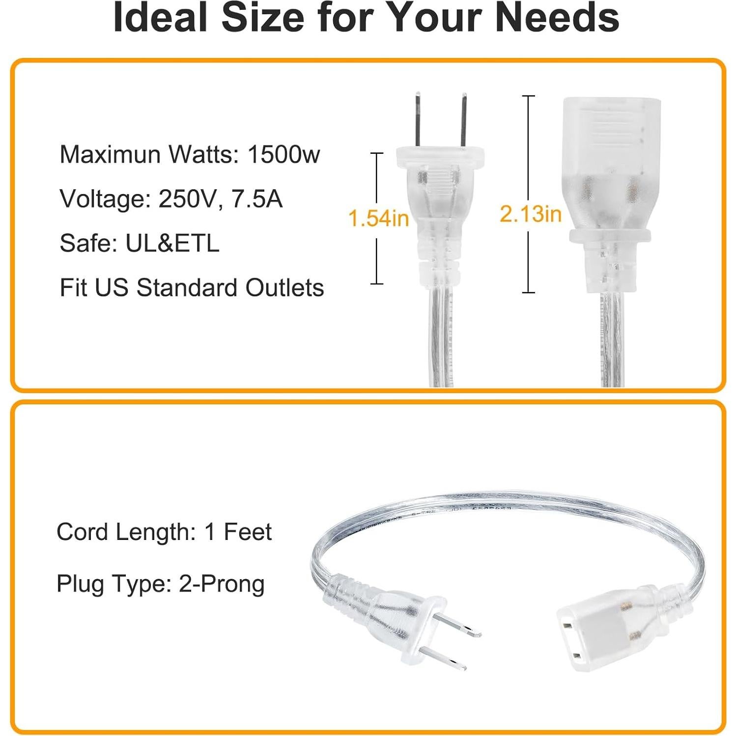 Paquete de 2 Cables de Extensión Cortos Transparentes 1 Pie