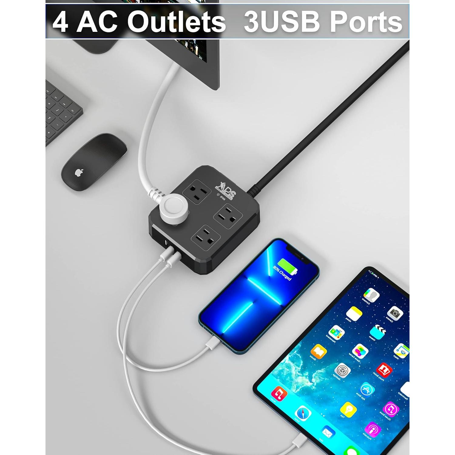 Regleta de Poder IPX6 Qiyuan 4 Salidas 3 USB 1.83m 1875W