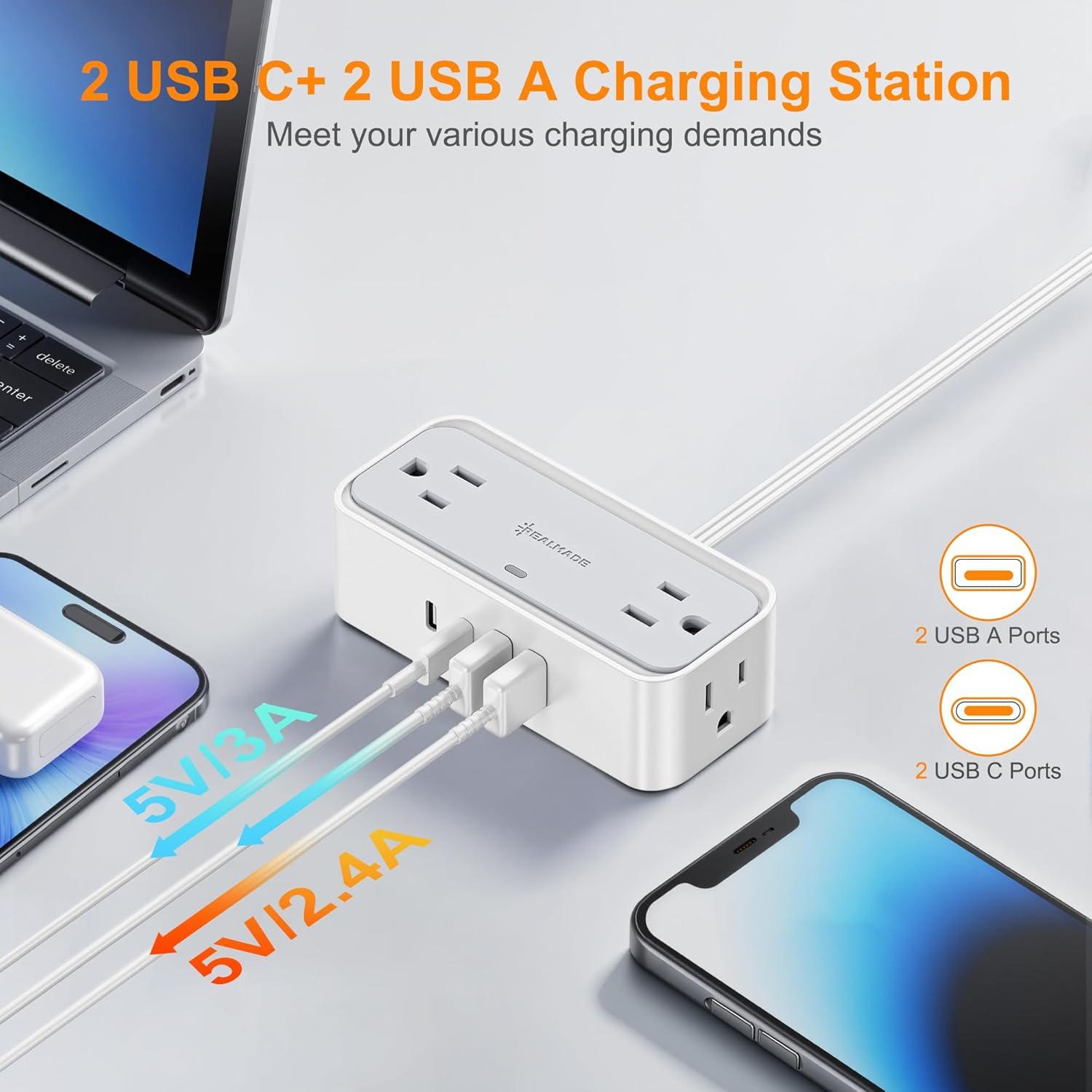 Regleta de Protección REALMADE 4 AC 4 USB 1.52m Gris y Blanco