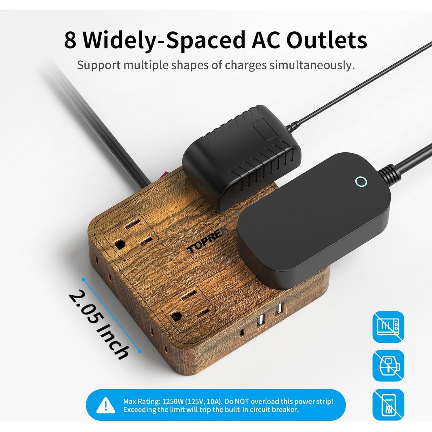 Regleta de Protección TOPREK 1080J, 8 Salidas y USB para Hogar