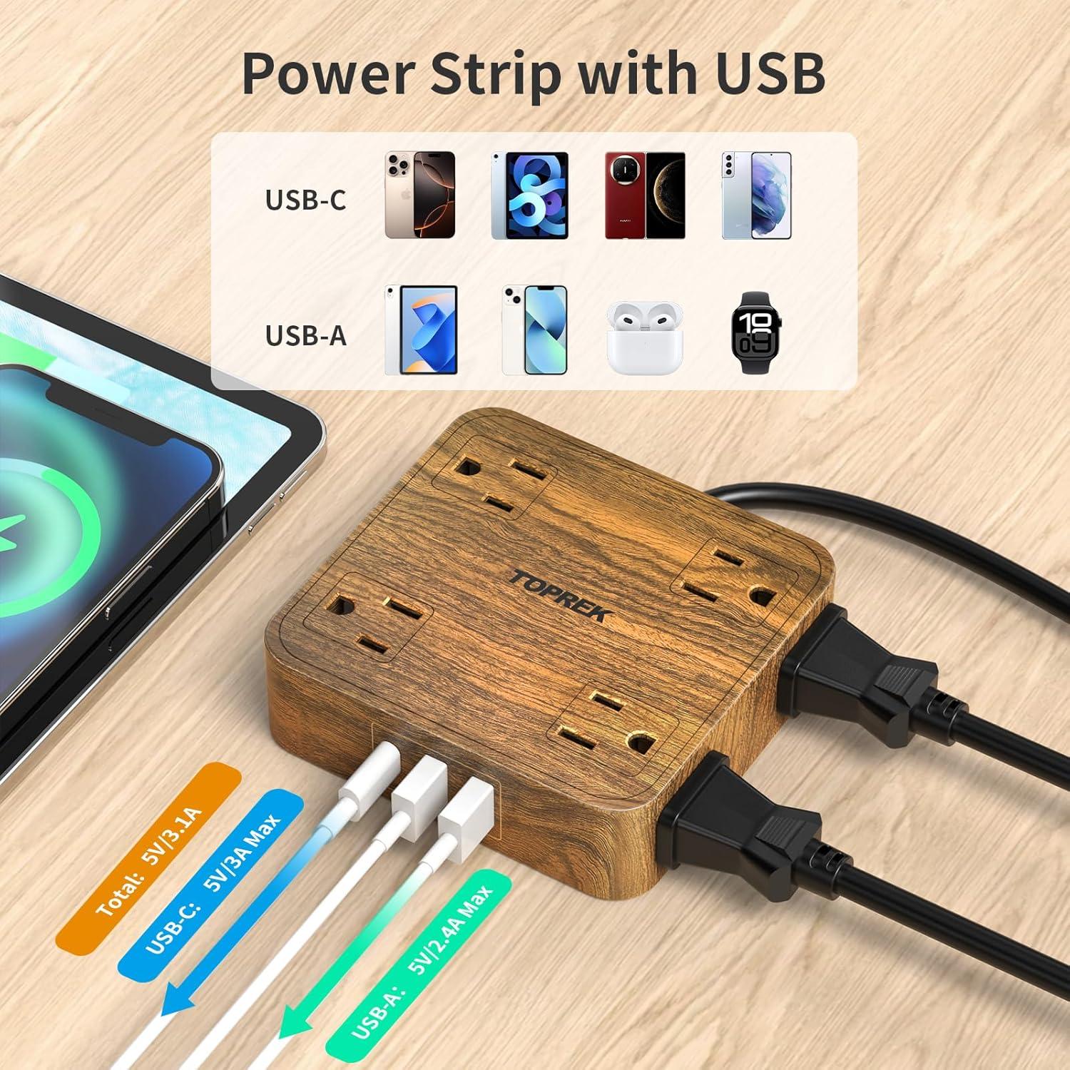 Regleta de Protección TOPREK 1080J, 8 Salidas y USB para Hogar