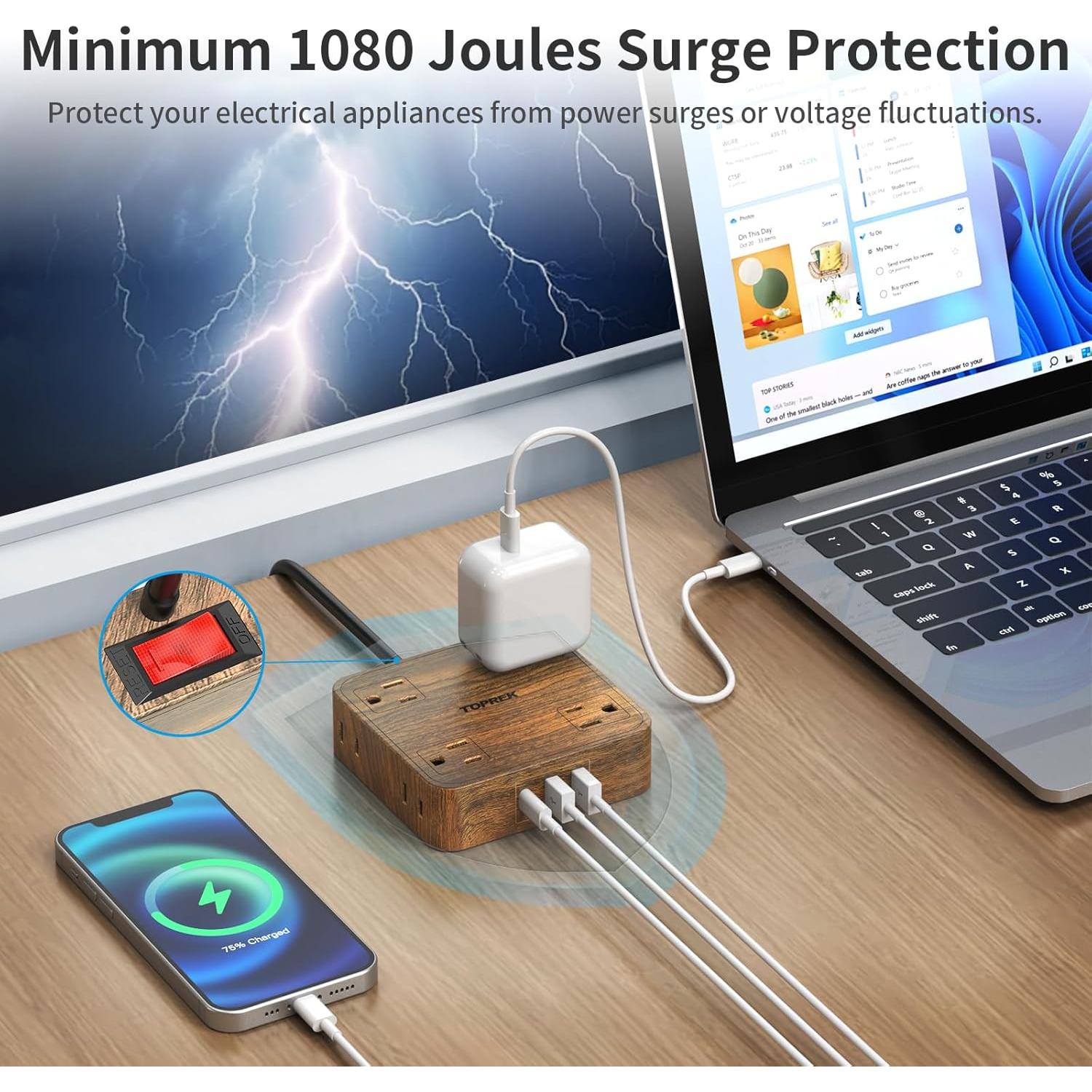 Regleta de Protección TOPREK 1080J, 8 Salidas y USB para Hogar