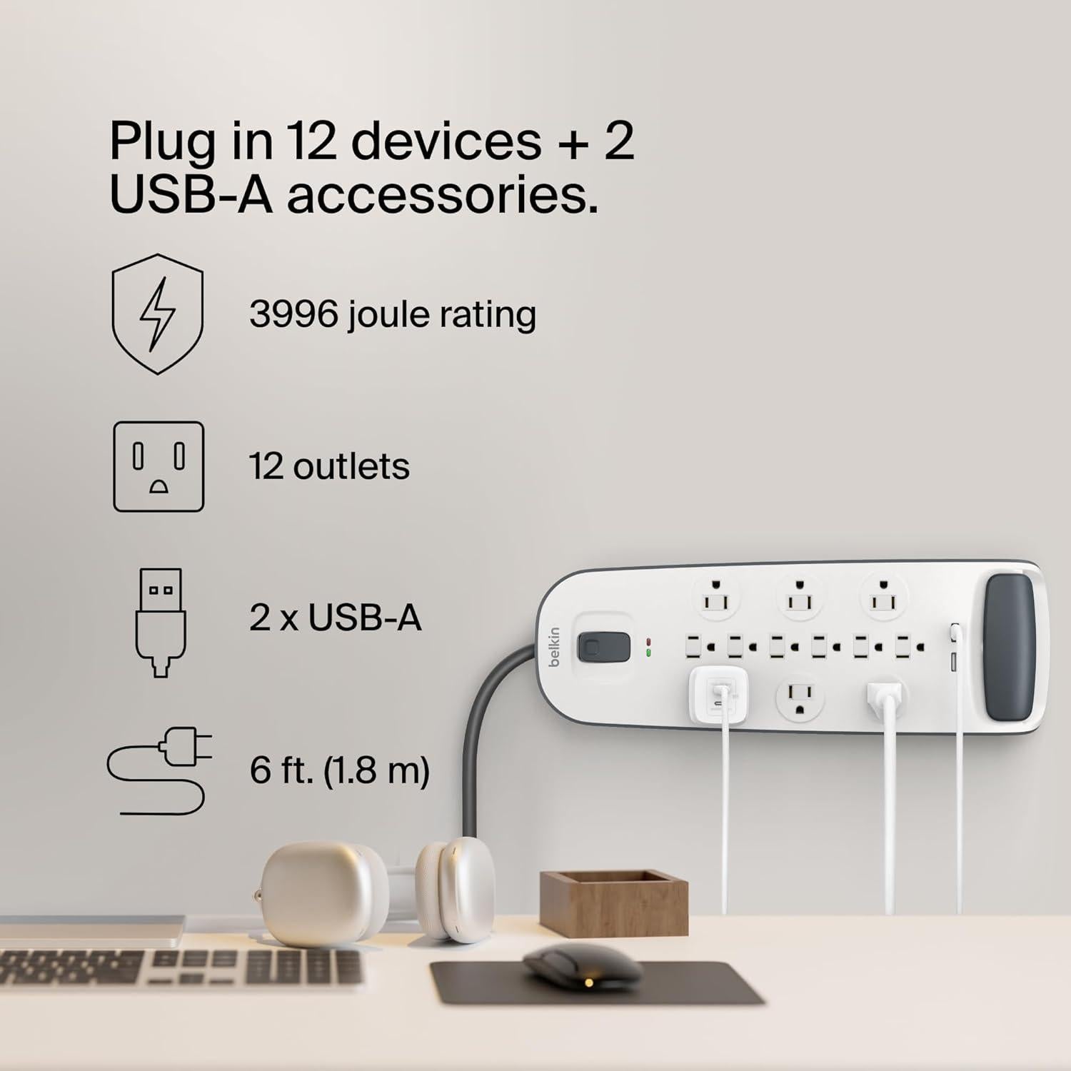 Regleta de Alimentación Belkin 12 Salidas AC y 2 USB 1.83m