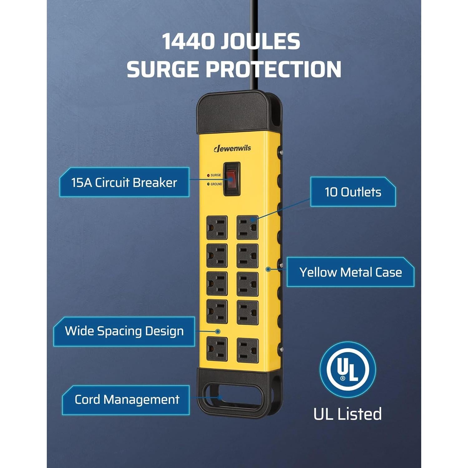 Tira de Energía Industrial DEWENWILS 10 Salidas 15A 1440 Julios
