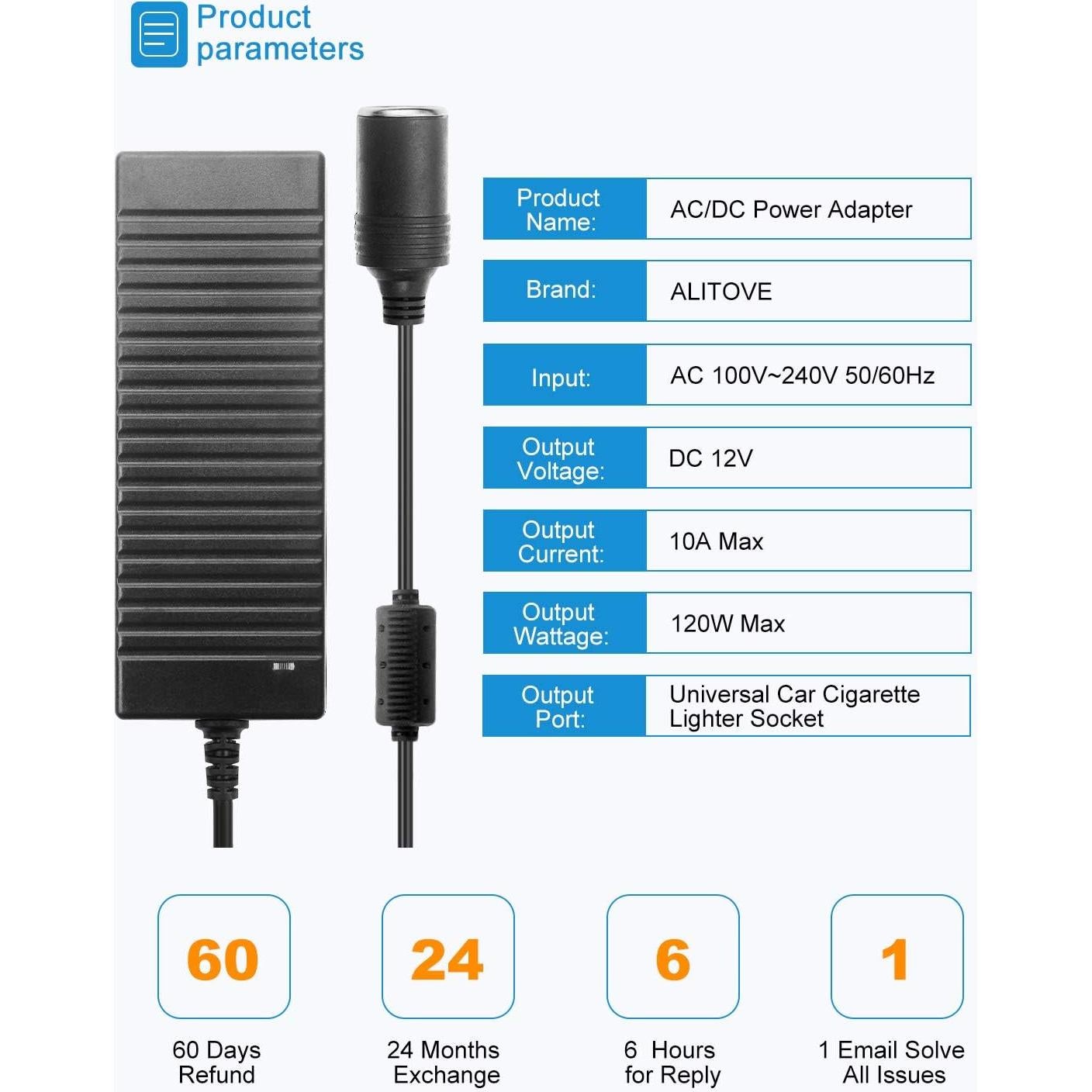 Convertidor CA a CC ALITOVE 12V 10A 120W Adaptador Coche
