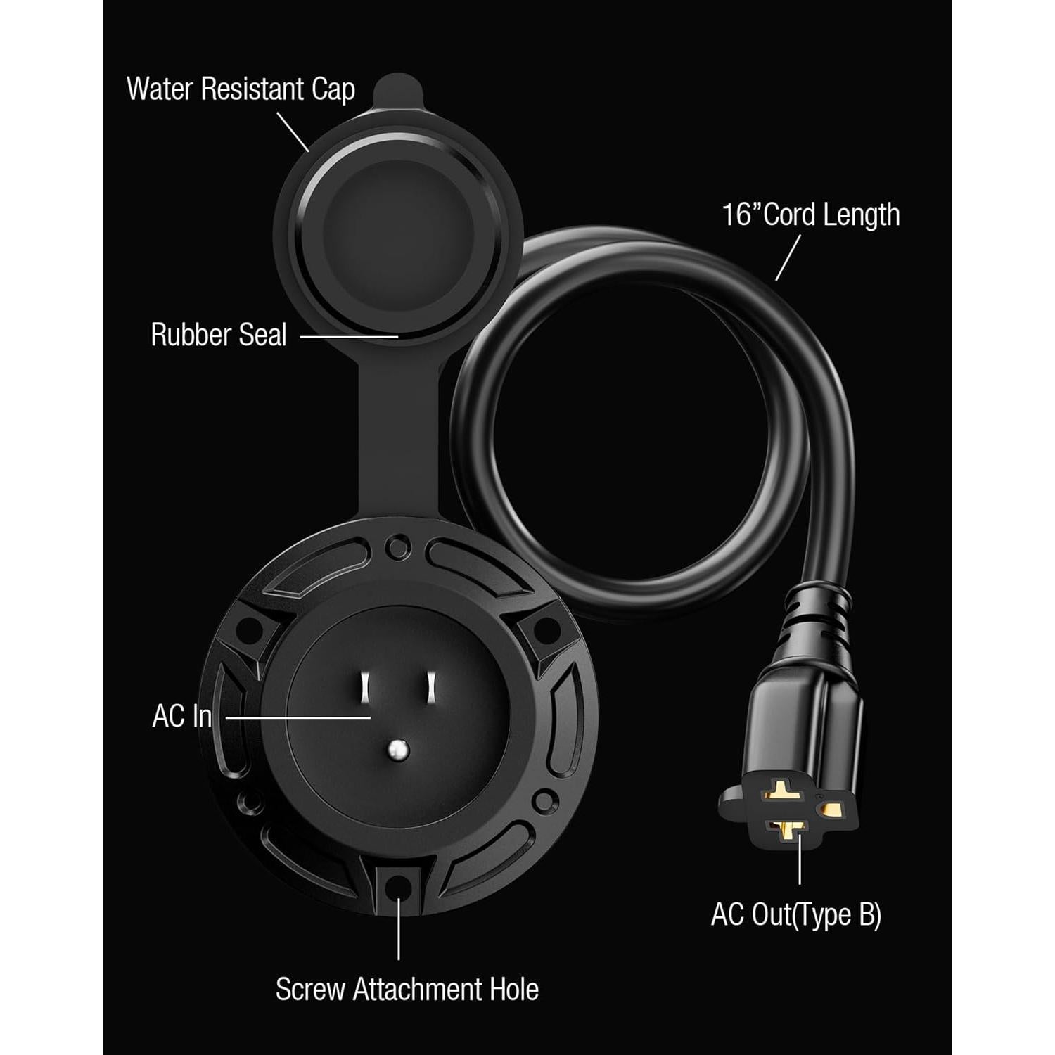 Enchufe de puerto 20A 125V AC Stio con adaptador 5 en 1 40.64 cm