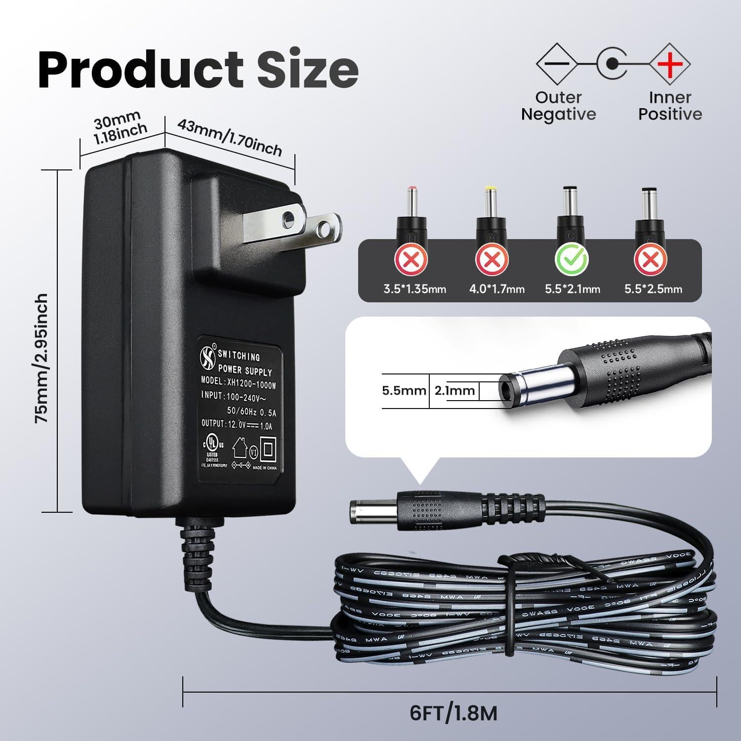 Adaptador de Fuente de Alimentación 12V 1A Oxzeewee 1.8m
