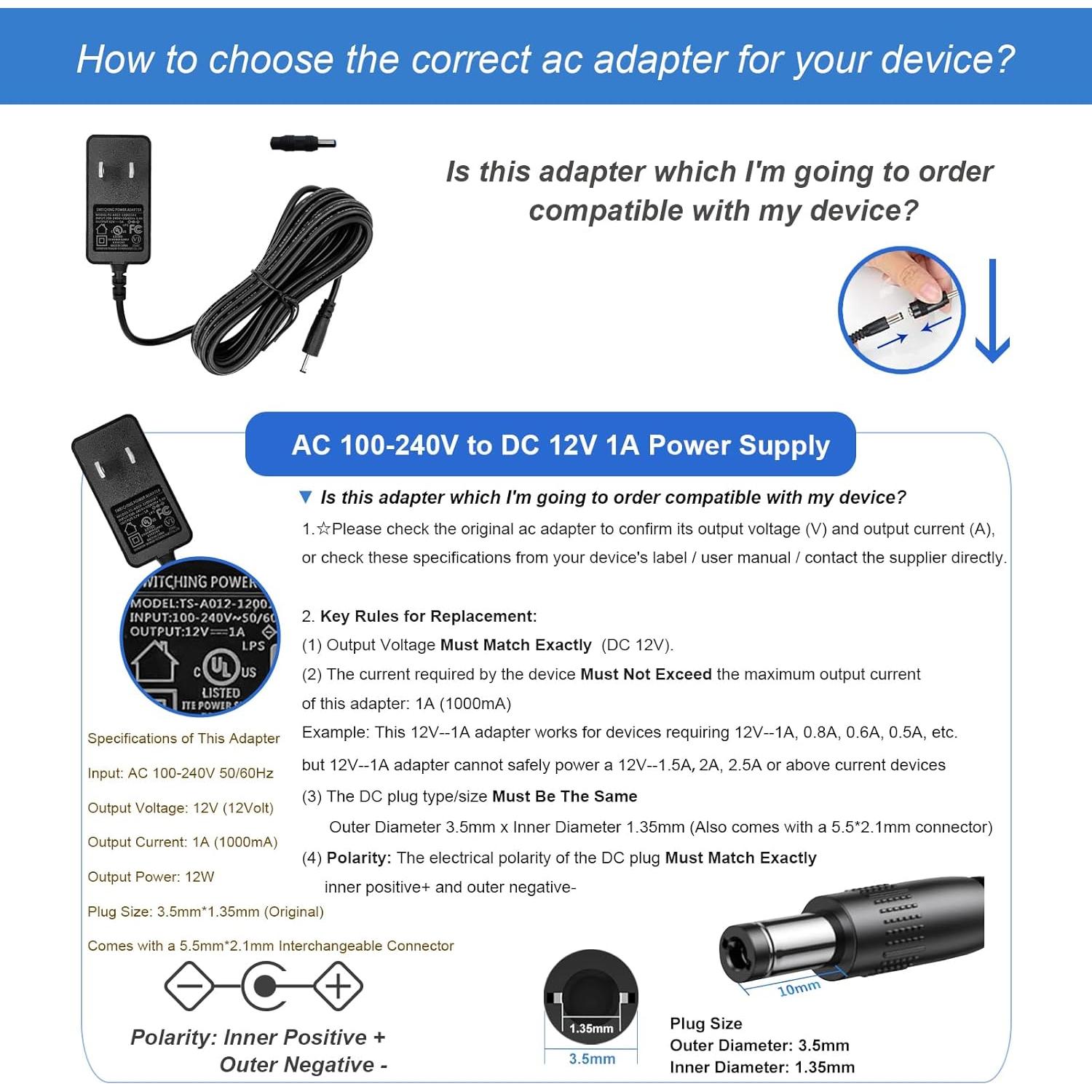 Adaptador de Corriente 12V 1A UL Genérico con Cable 3.05m