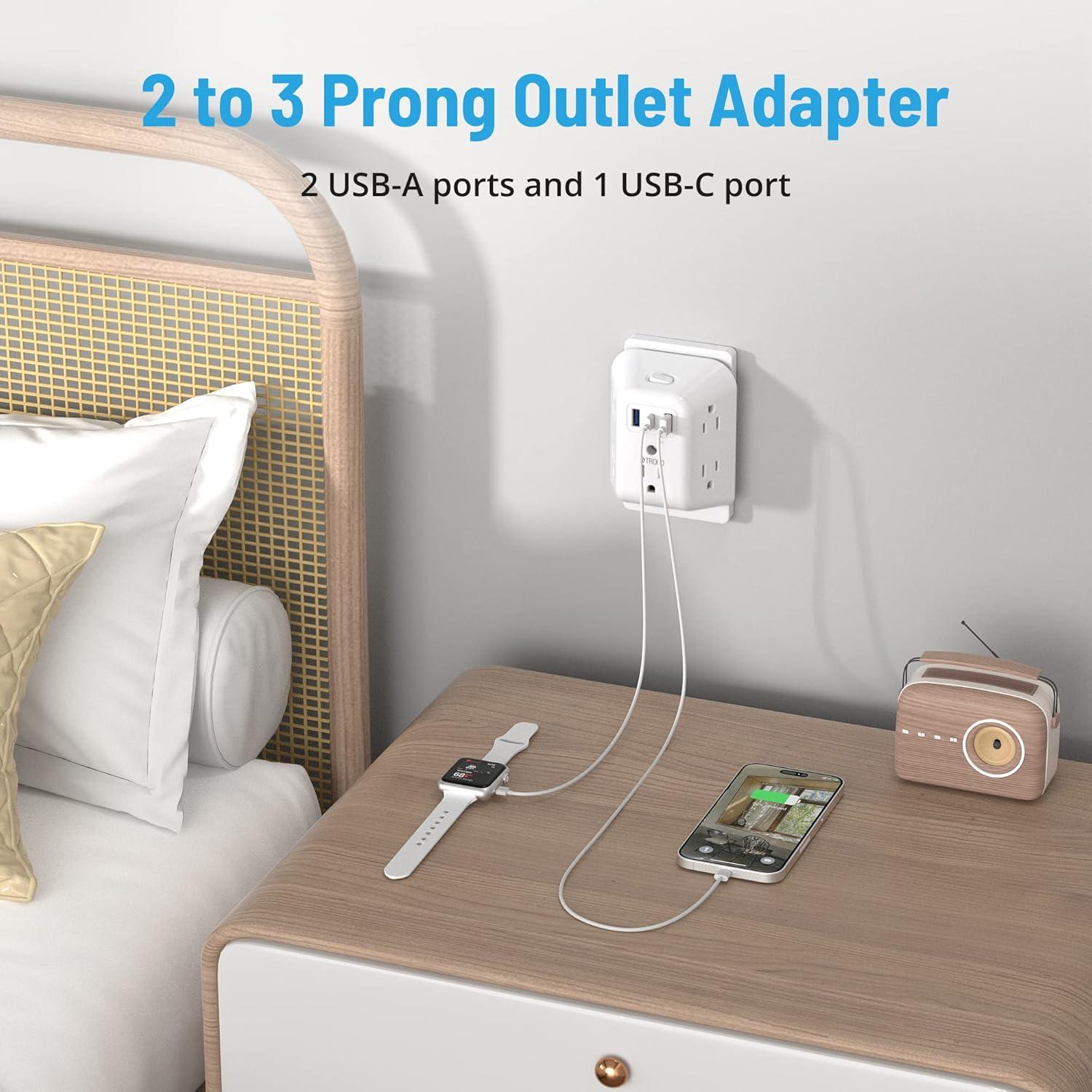 Adaptador TROND 2 Patas a 3 Patas con 3 USB y Protector