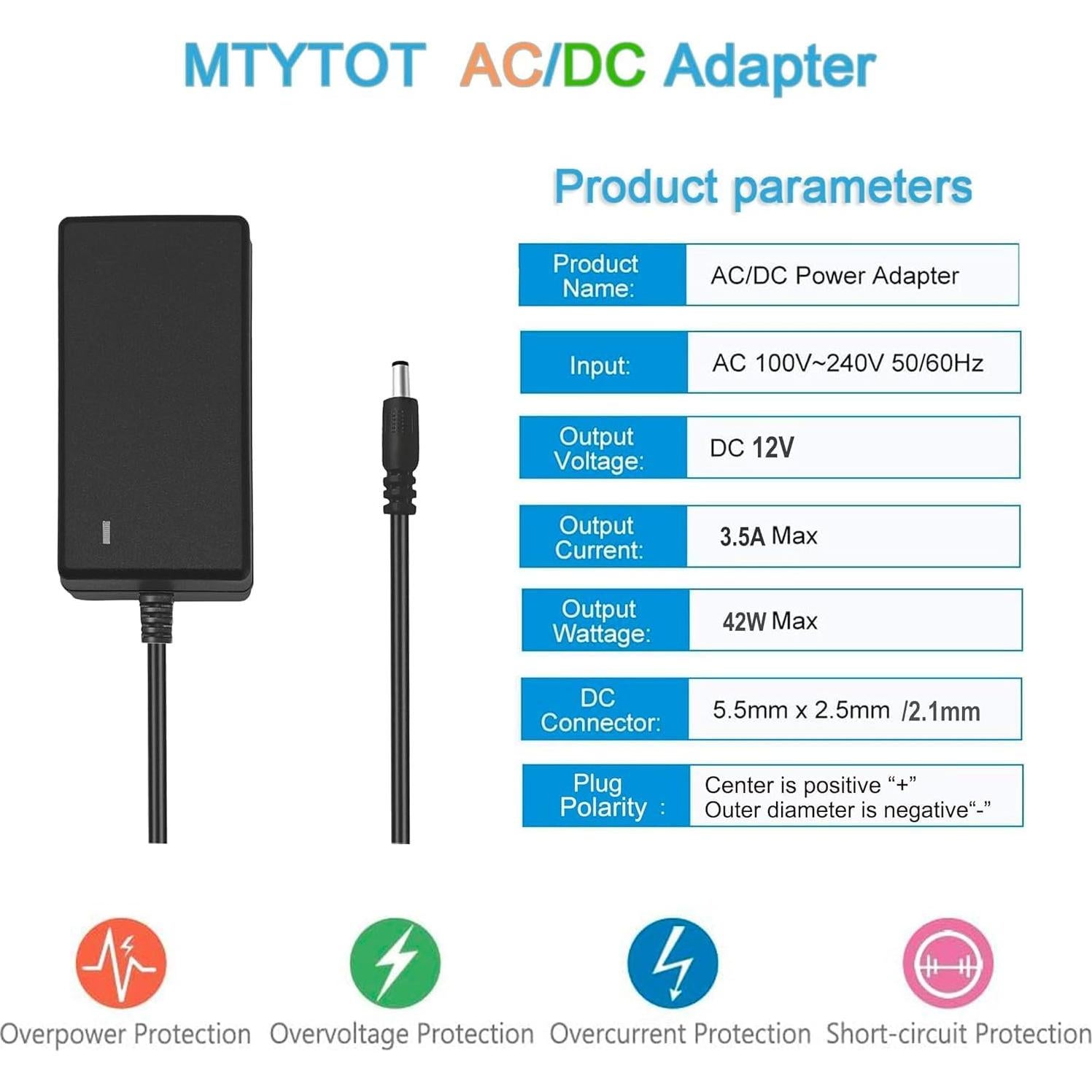 Adaptador de corriente 12V 3.5A MTYTOT con enchufe 5.5x2.5mm