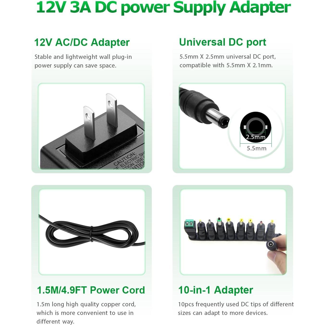 Adaptador de Alimentación AC/DC 12V 3A 36W con 10 Enchufes