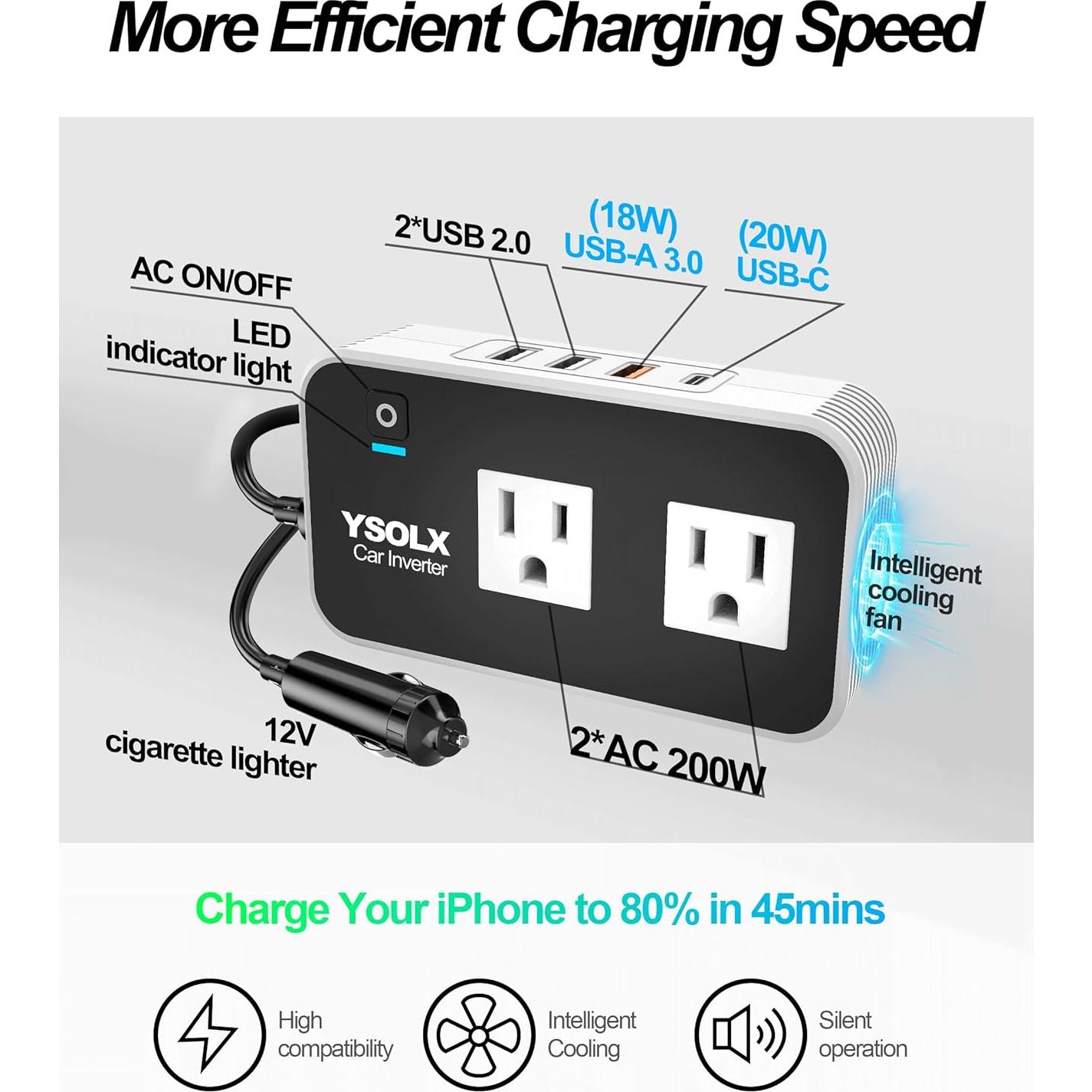 Inversor de Potencia de Coche YSOLX 200W 12V a 110V con 4 USB