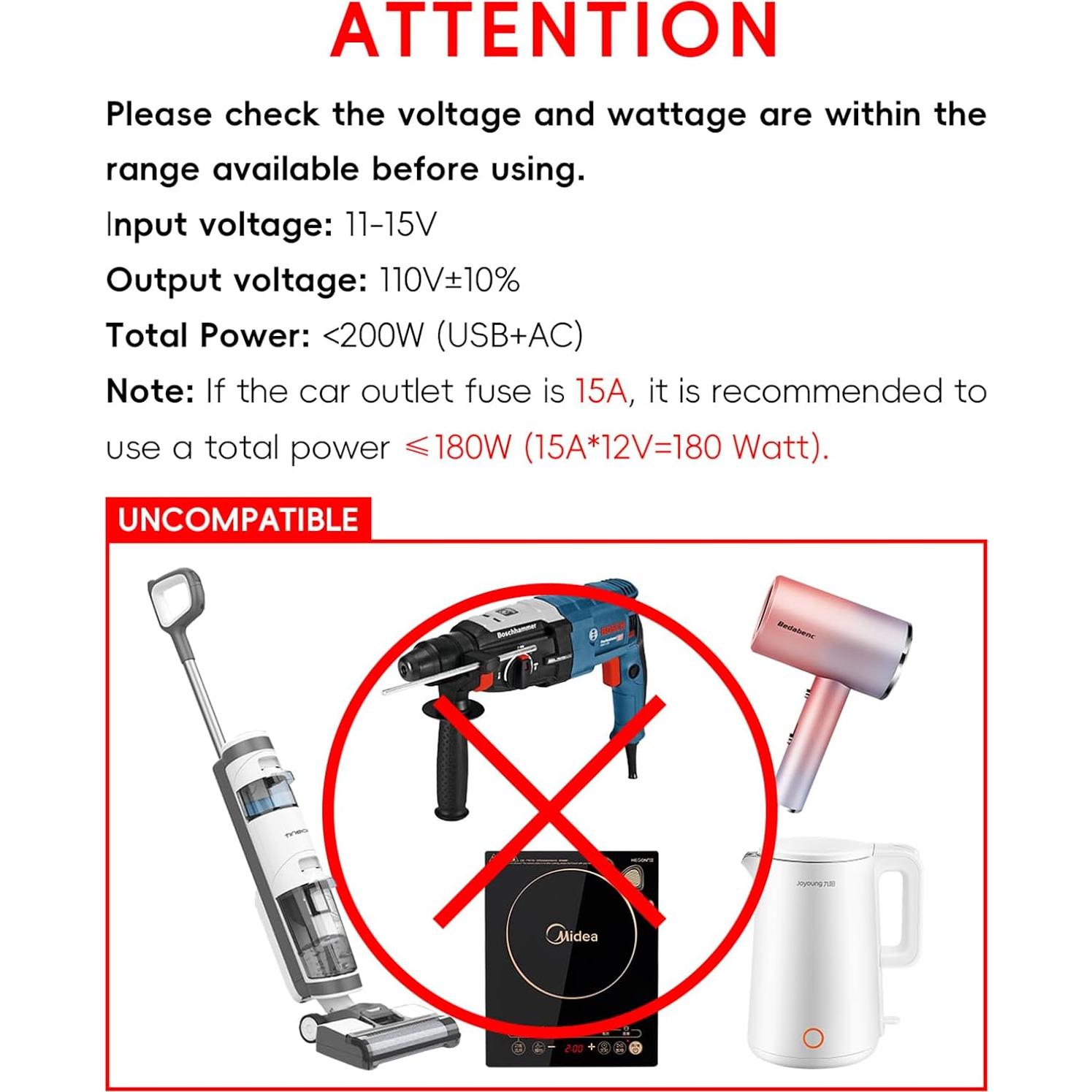 Inversor de Potencia de Coche YSOLX 200W 12V a 110V con 4 USB