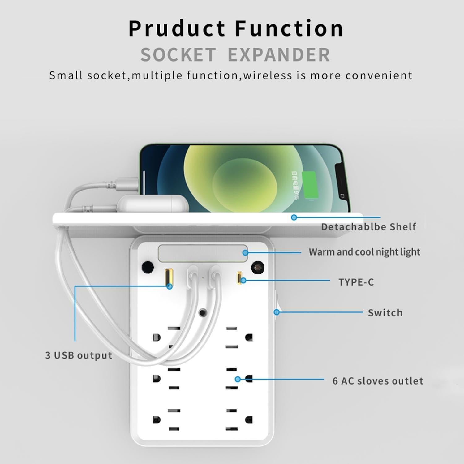 Extensor de Enchufe de Pared Preliminark 9 en 1 con Estante