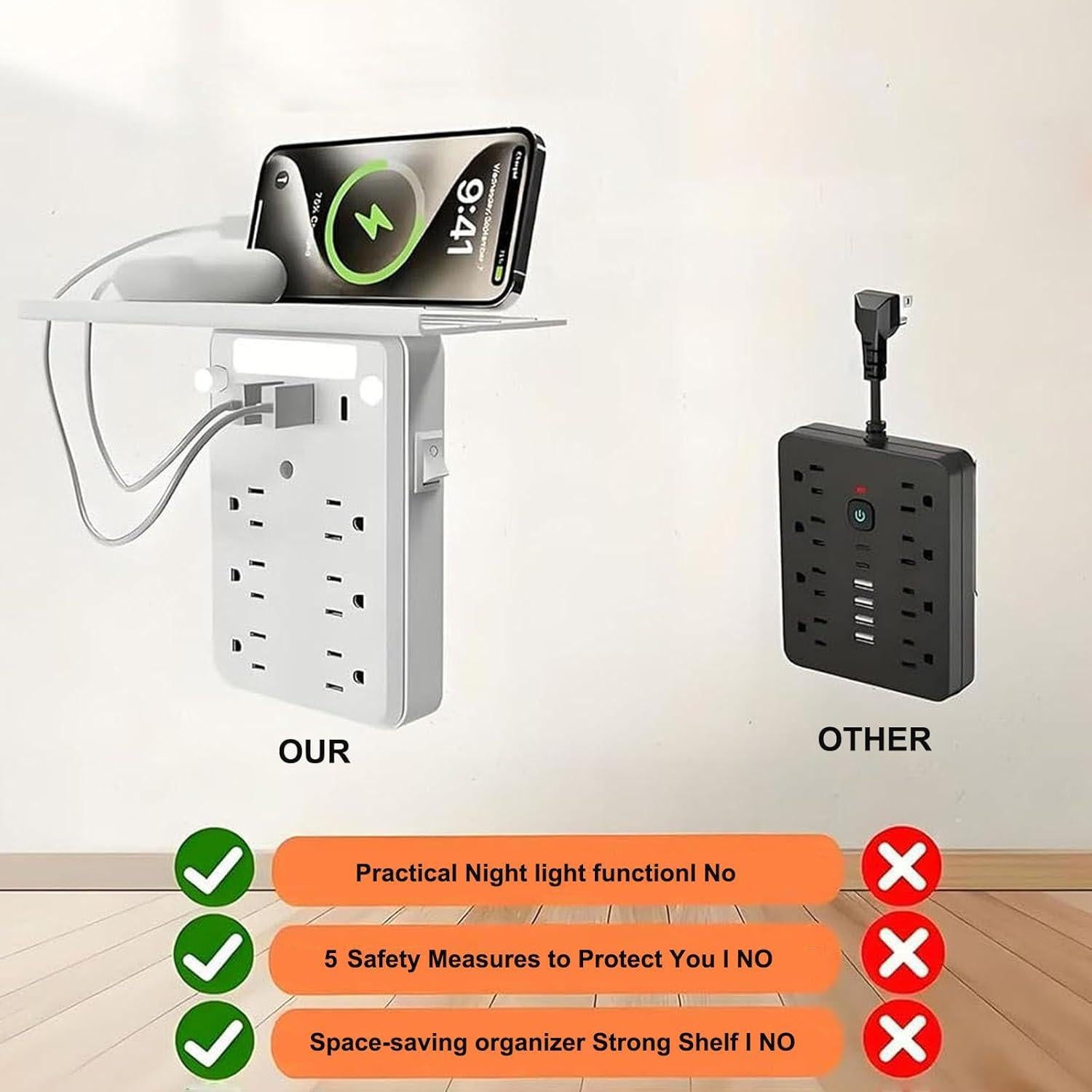 Extensor de Enchufe 9 en 1 Genérico con Estante y USB