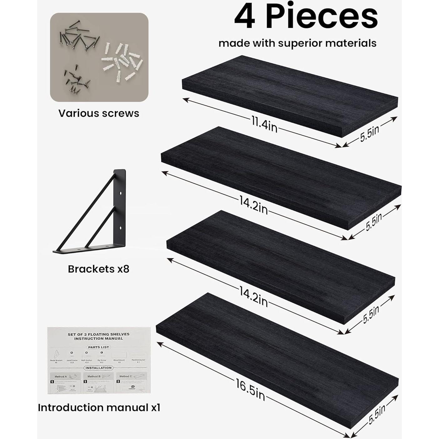 Estantes Flotantes de Madera BAYKA, Juego de 4, Negro, 16.5x5.5 cm