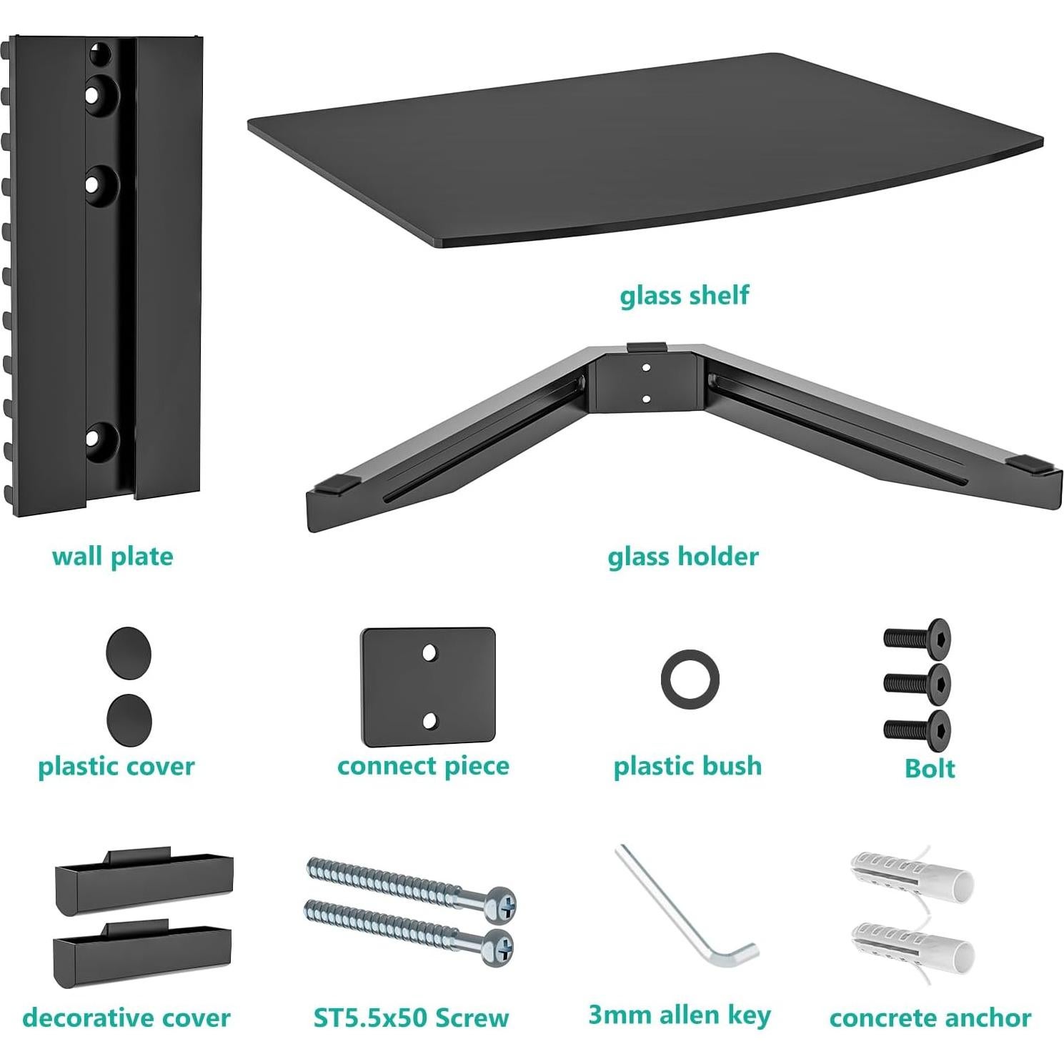 Estante Flotante WALI CS201B Negro Vidrio Templado 8kg