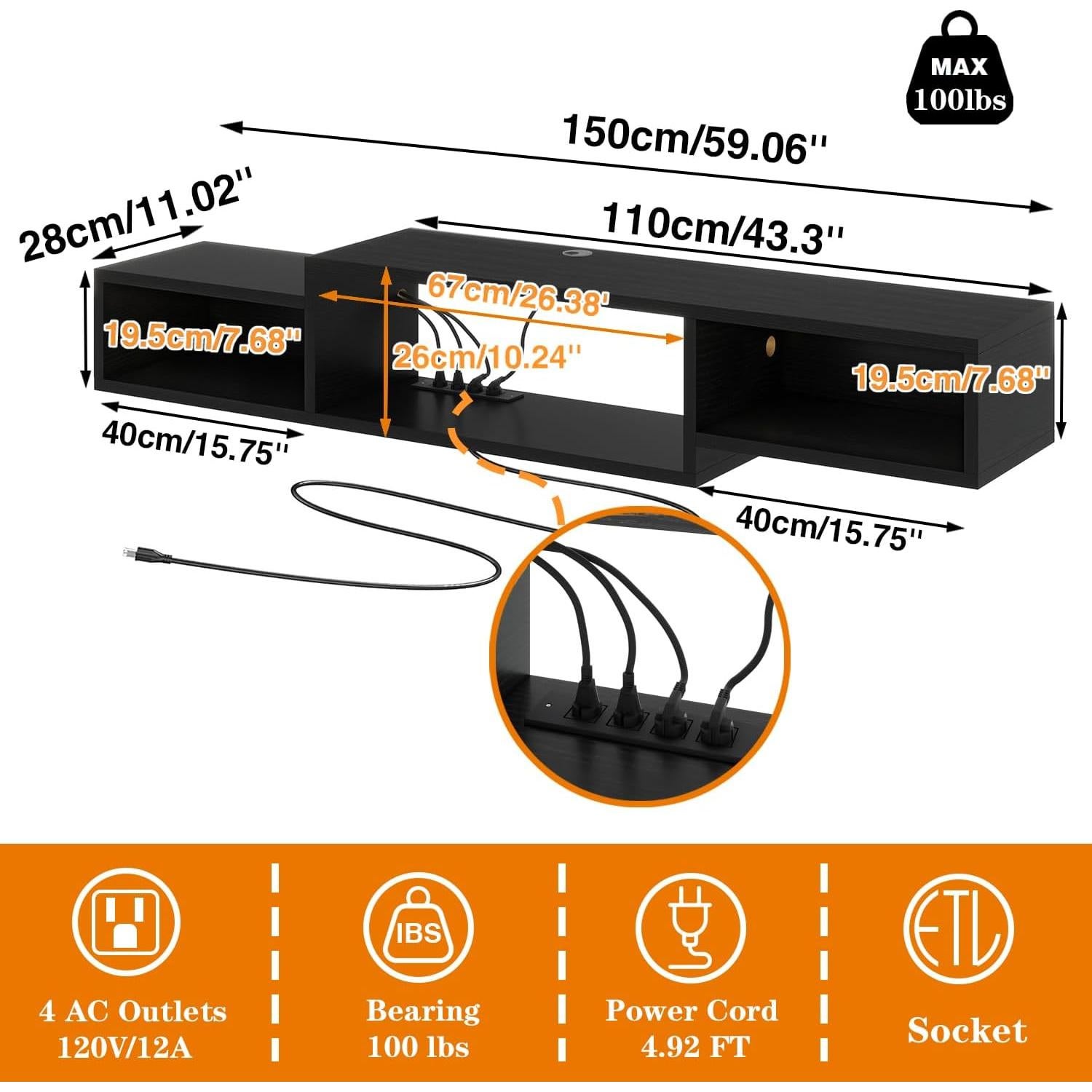 Soporte de TV Flotante IBUYKE WST007B 149.86 cm Negro