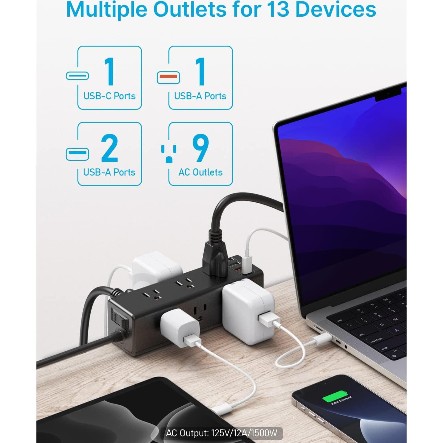 Regleta de Energía con Abrazadera CCCEI 9 Salidas USB-A y C