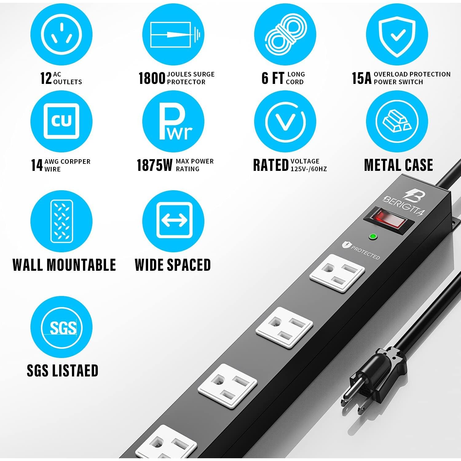 Tira de Energía Montable Berigtta 12 Salidas 1800J 1.83m