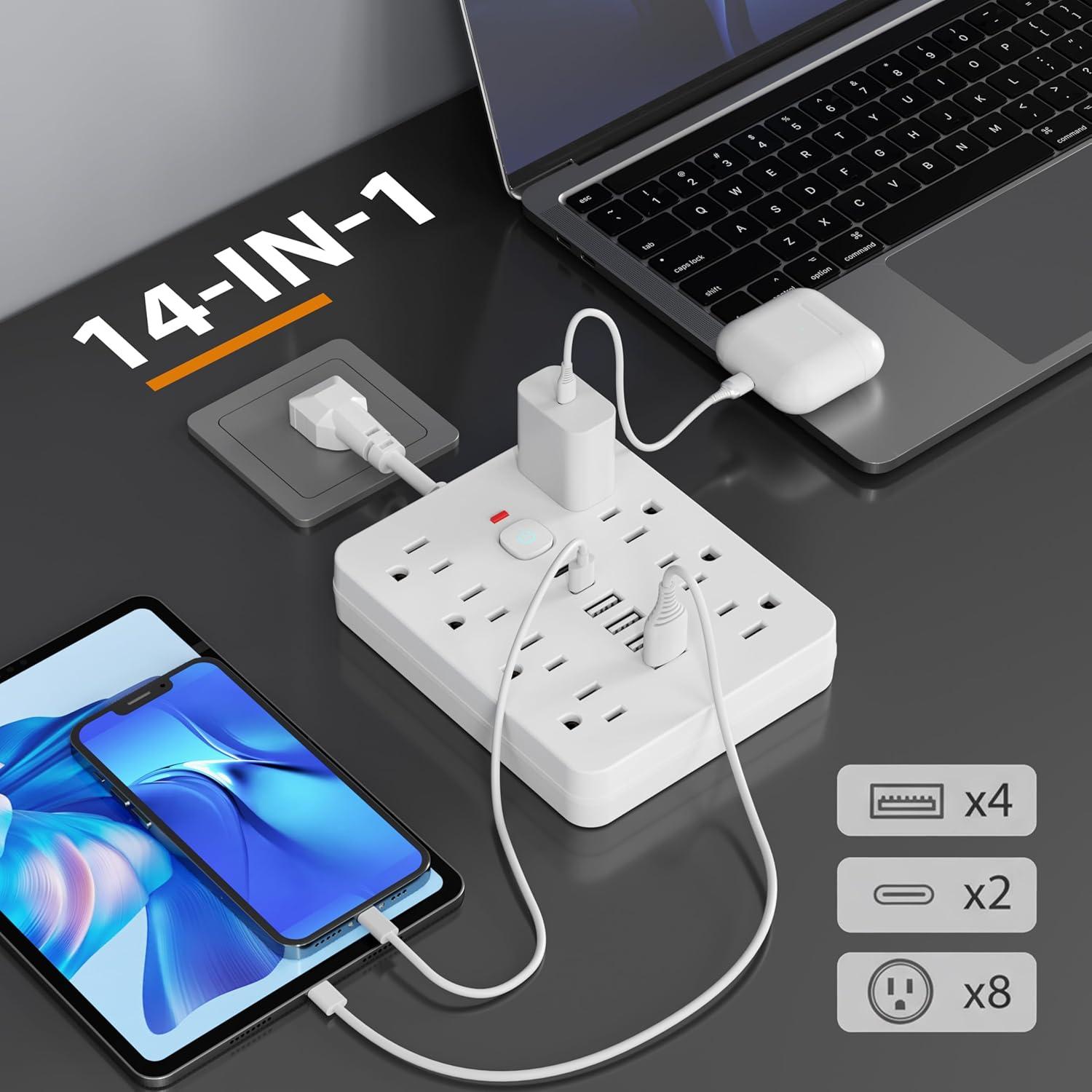 Regleta de Protección Chiefway 14 en 1 con 8 Salidas AC y 6 USB