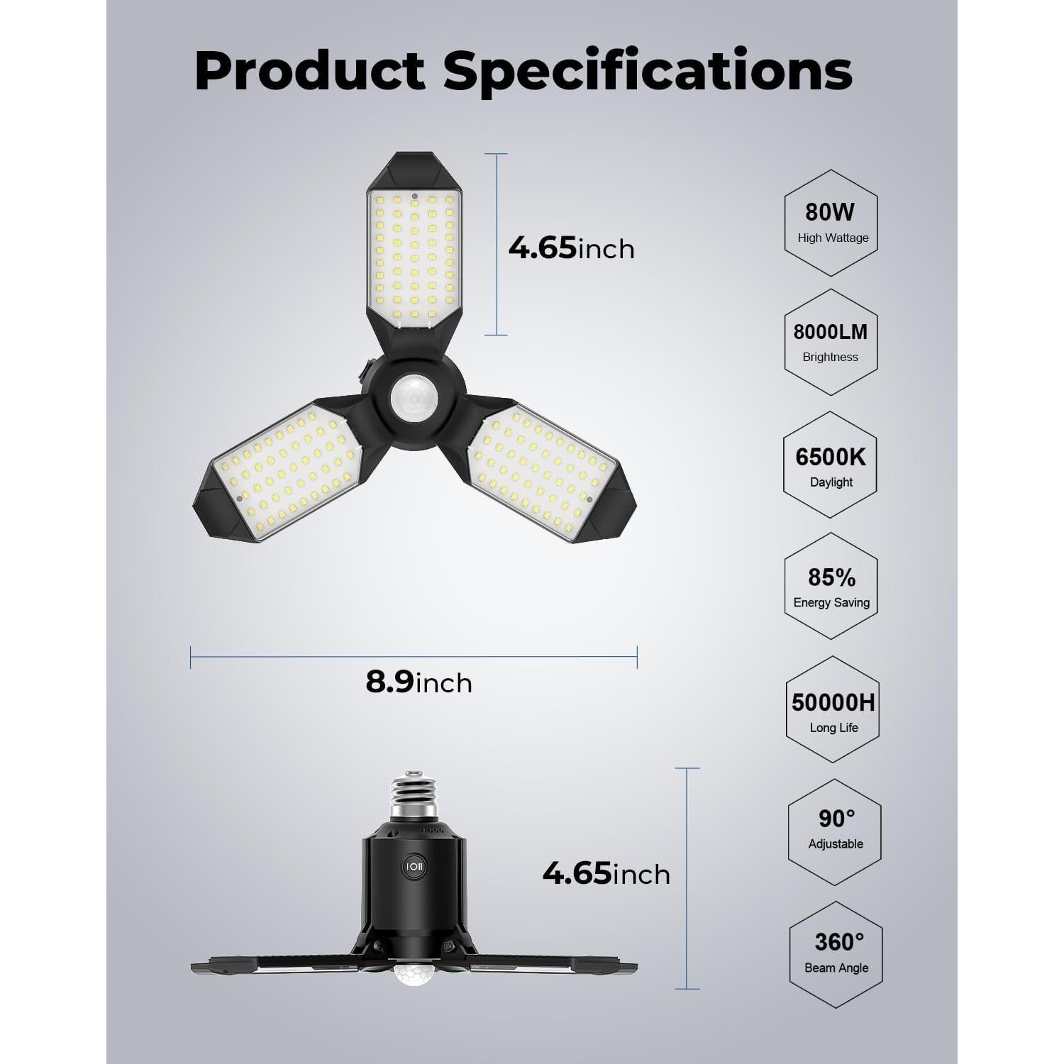 Luz de Garaje LED Toberich 8000LM con Sensor de Movimiento