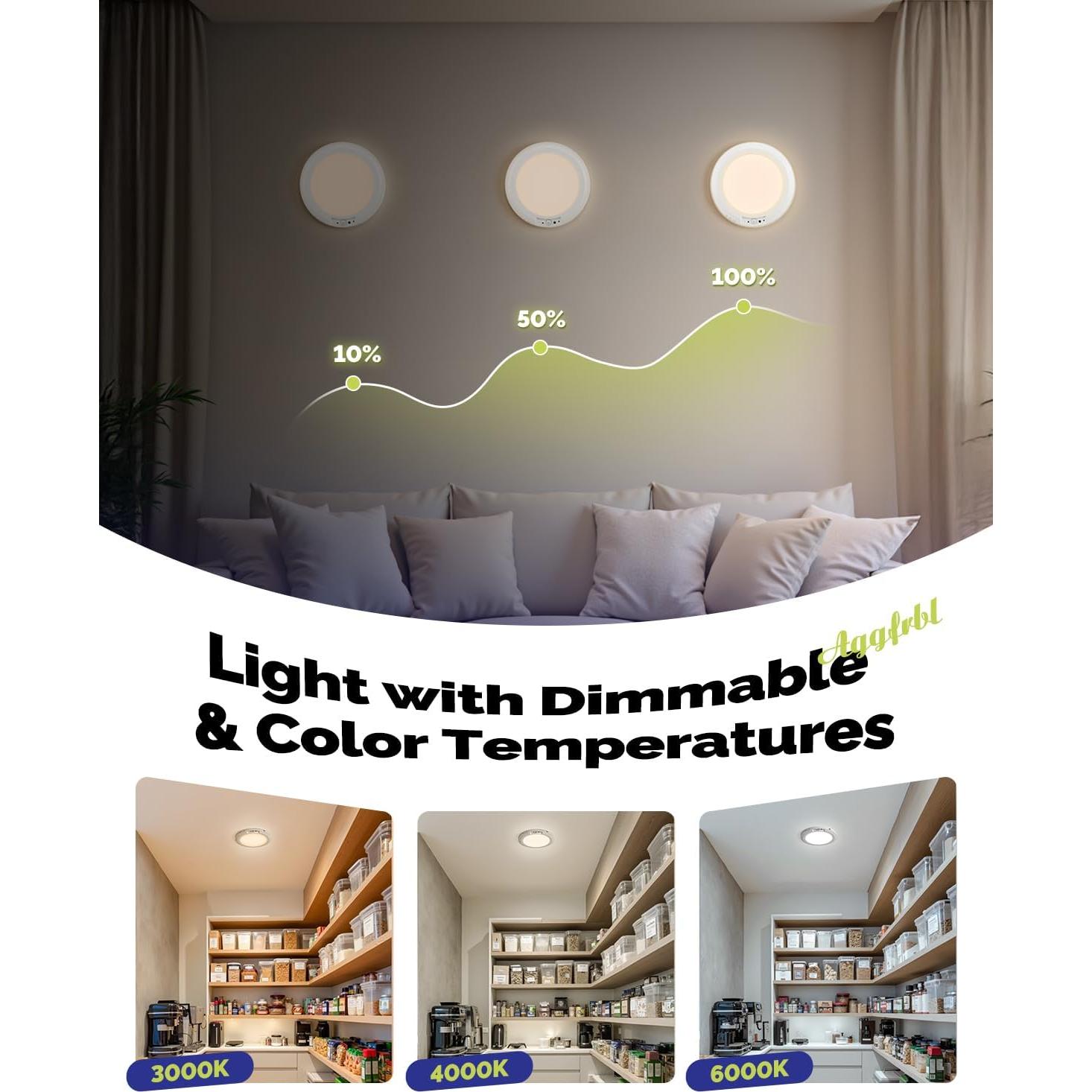 10,000mAh Rechargeable Ceiling Light with Remote, 7.09“ Wireless Waterproof Shower Lights 3000K/4000K/6000K, Battery Powered Light for Closet Battery Operated, Motion Sensor Lights No Wiring