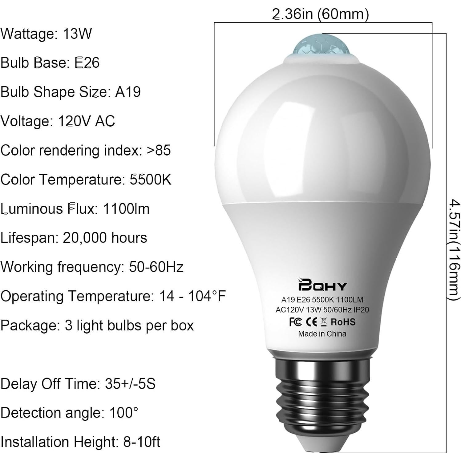 Bombilla LED A19 BQHY 13W 5500K con Sensor de Movimiento - Paquete de 3
