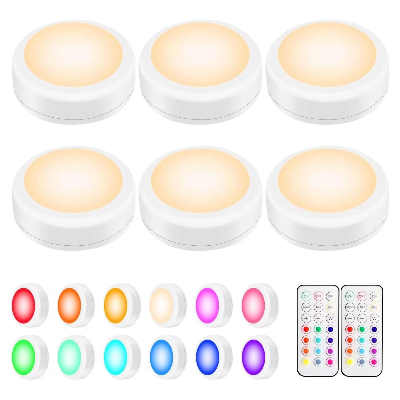 Iluminación LED Puck Alivation, 6 luces, control remoto, 13 colores