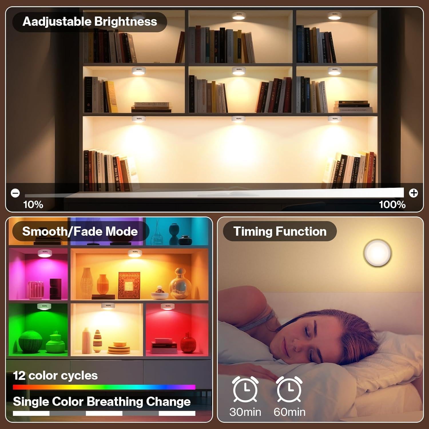 Luces LED Puck Cadrim 6 Paquetes 13 Colores Control Remoto