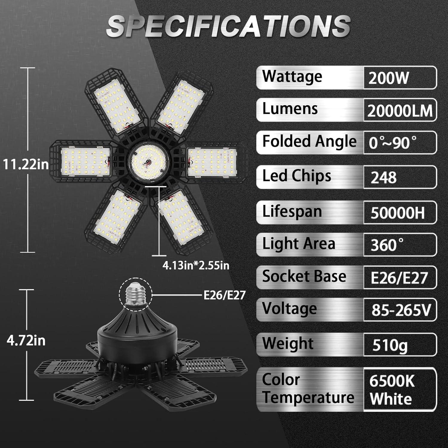 Paquete de 2 luces LED de garaje AUDLES 200W 20000LM E26/E27