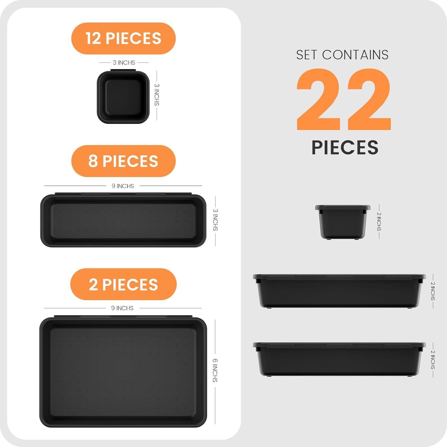 Organizador de Cajones A-LuGei 22 Piezas Negro 3 Tamaños